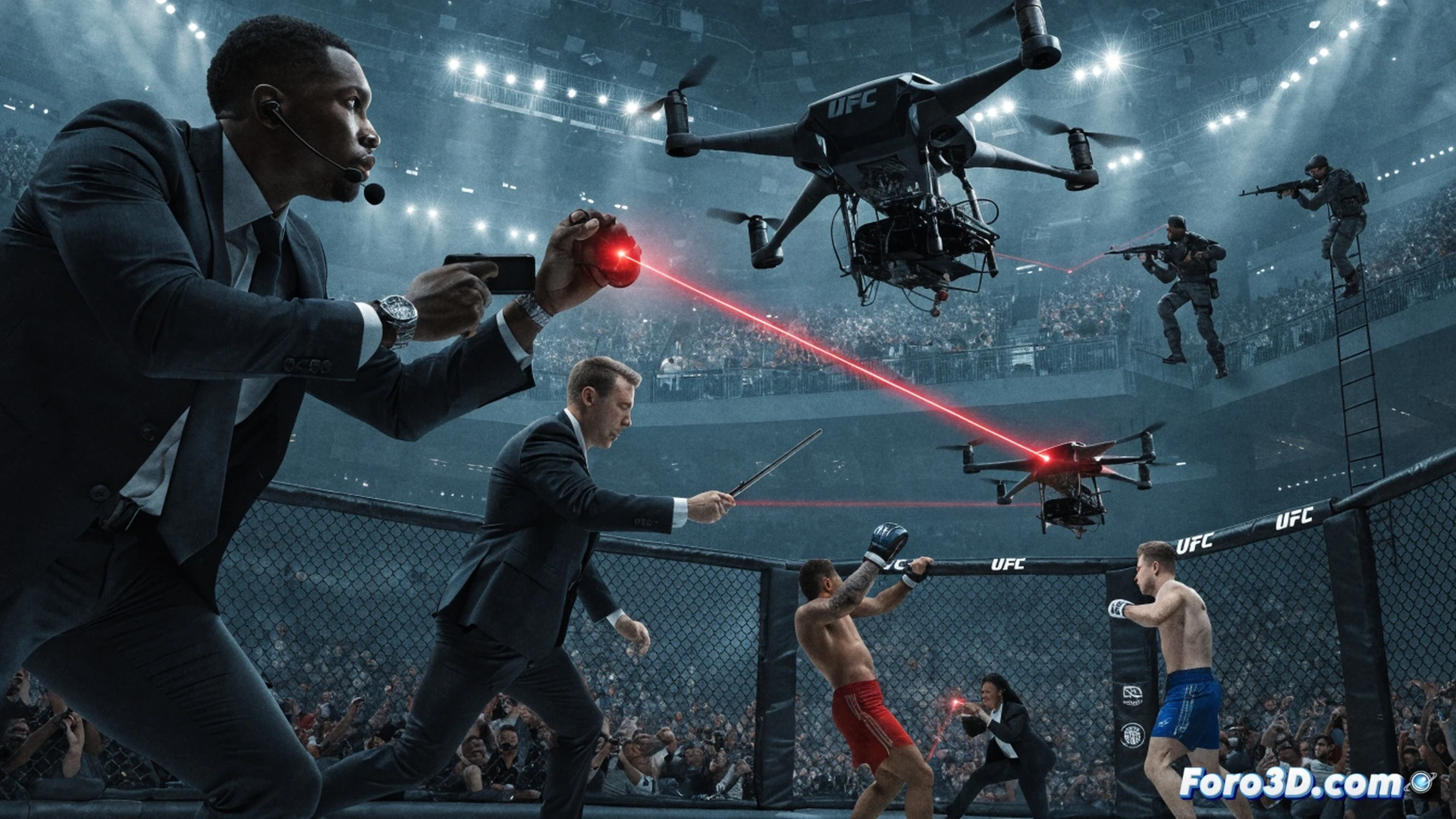 FBI tactical team in action stopping a drone swarm attack above a crowded stadium, agents with sniper rifles on rooftops aiming at explosive-laden quadcopters, electronic jamming devices emitting visible blue energy waves disrupting drone flight paths, night operation with floodlights illuminating the scene, cinematic photorealistic style, intense action moment showing agents neutralizing the threat mid-air, dramatic shadows and smoke trails, ultra-detailed tactical gear and weaponry, high-contrast lighting, realistic action sequence