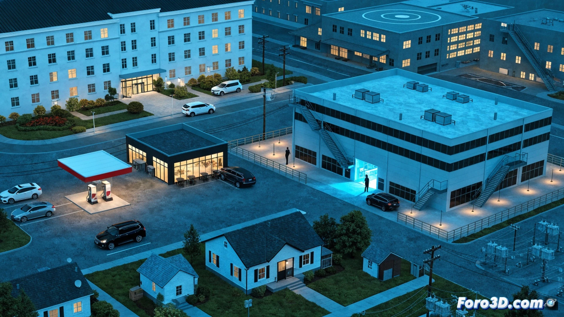 FBI agents monitoring glowing network attack simulations on multiple screens inside a fake town data center in Alabama, 200 server racks with blinking LEDs, a holographic map showing red intrusion paths into a hotel and gas station, cyber defense tools displaying firewall logs and code blocks, cinematic photorealistic technical illustration, dark blue ambient light from monitors, intense focused expressions, detailed hardware cables and cooling vents, dramatic industrial lighting, ultra-realistic cybersecurity operations room