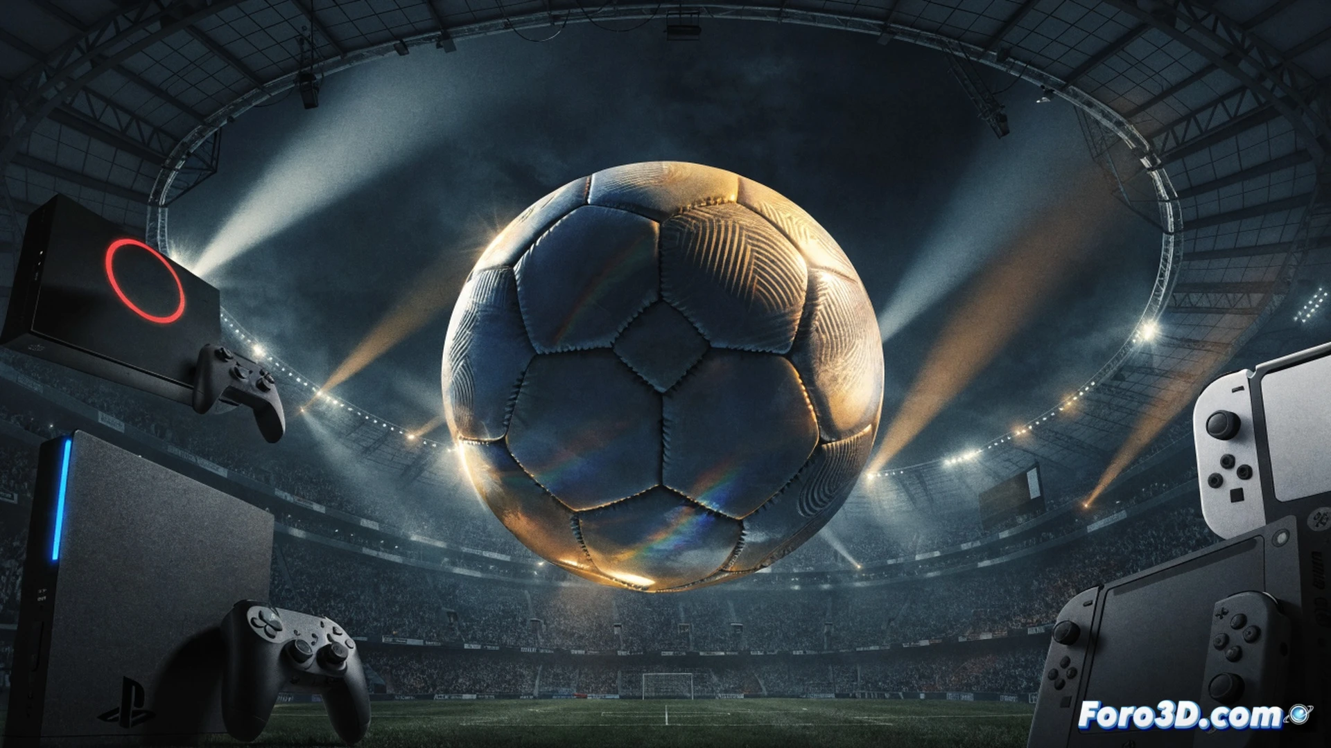 next-gen gaming console on a wooden TV stand displaying a soccer match on a huge screen, a glowing red 40% off sticker attached to the game case near the console, a player holding a wireless controller while celebrating a goal, motion blur on the action, digital price tag showing $30 floating above the case, cinematic product photography, realistic plastic textures, soft living room lighting, photorealistic commercial render, high detail on controller buttons and console vents