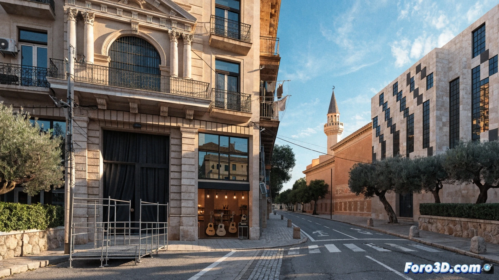 Vecinos reunidos en la calle del Regal de Son Gotleu, frente a un cine cerrado con carteles desgastados, mientras una mezquita improvisada y una iglesia evangélica comparten fachada con una antigua escuela de música. Dos personas reparan una puerta metálica de un local comunitario usando herramientas manuales, demostrando acción vecinal. Al fondo, niños juegan junto a una pared con grafitis de instrumentos musicales. Estilo cinematográfico realista, luz cálida de atardecer, texturas de ladrillo y hormigón desgastados, composición amplia que muestra la mezcla de usos religiosos y culturales en el espacio público.
