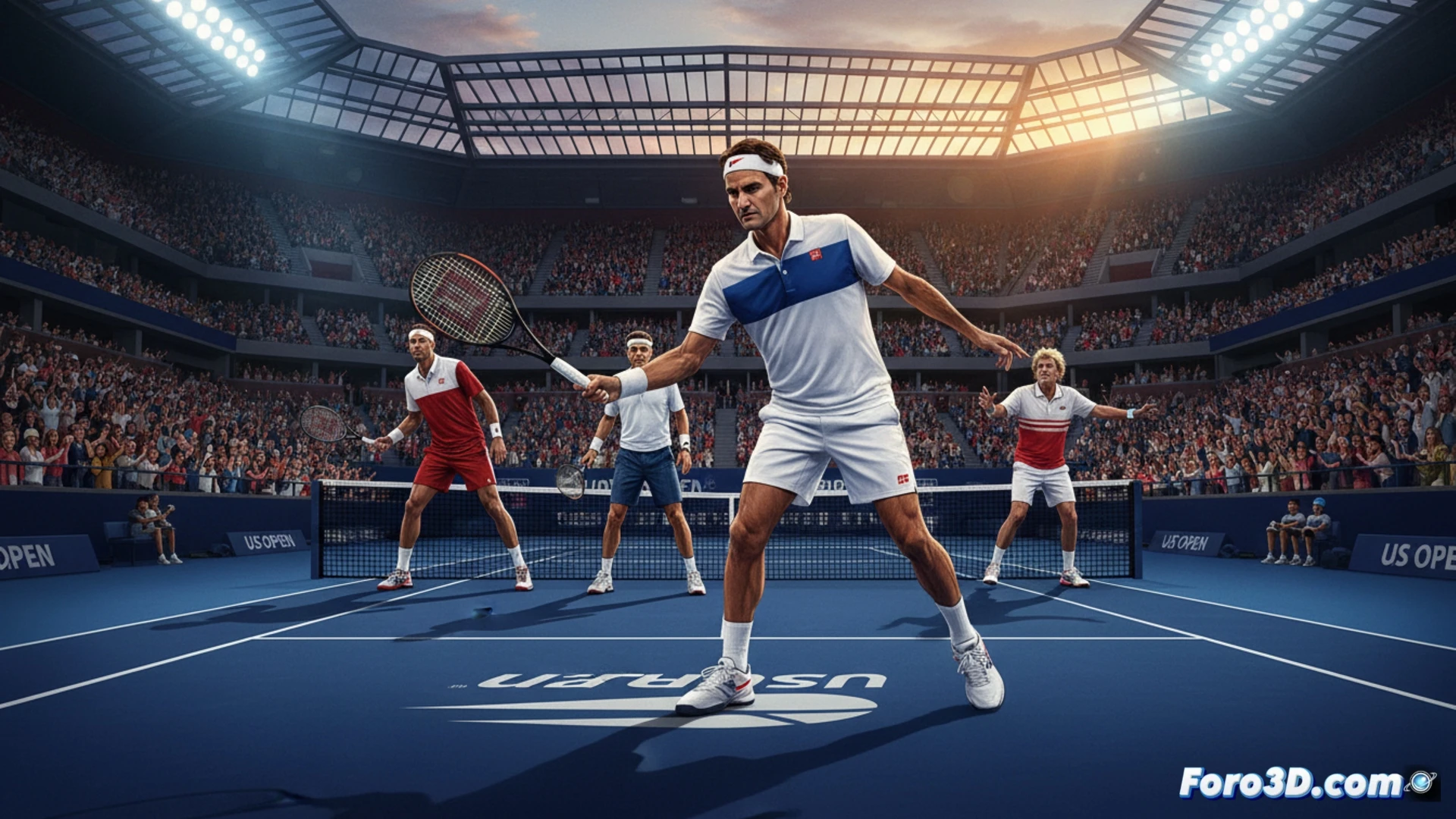 Roger Federer ejecutando un revés a una mano en la pista central del US Open bajo reflectores nocturnos, tres figuras legendarias en la red opuesta: Andre Agassi preparando un golpe de derecha, Andy Roddick en posición de saque y John McEnroe en la red con raqueta levantada, público de fondo con banderas ondeando, superficie azul dura con líneas blancas nítidas, iluminación dramática desde arriba creando sombras alargadas, estilo cinematográfico hiperrealista, textura de la pelota de tenis con costuras visibles mientras cruza la cancha, movimiento congelado en el impacto, sudor y tensión muscular visibles, fotografía deportiva de alta velocidad