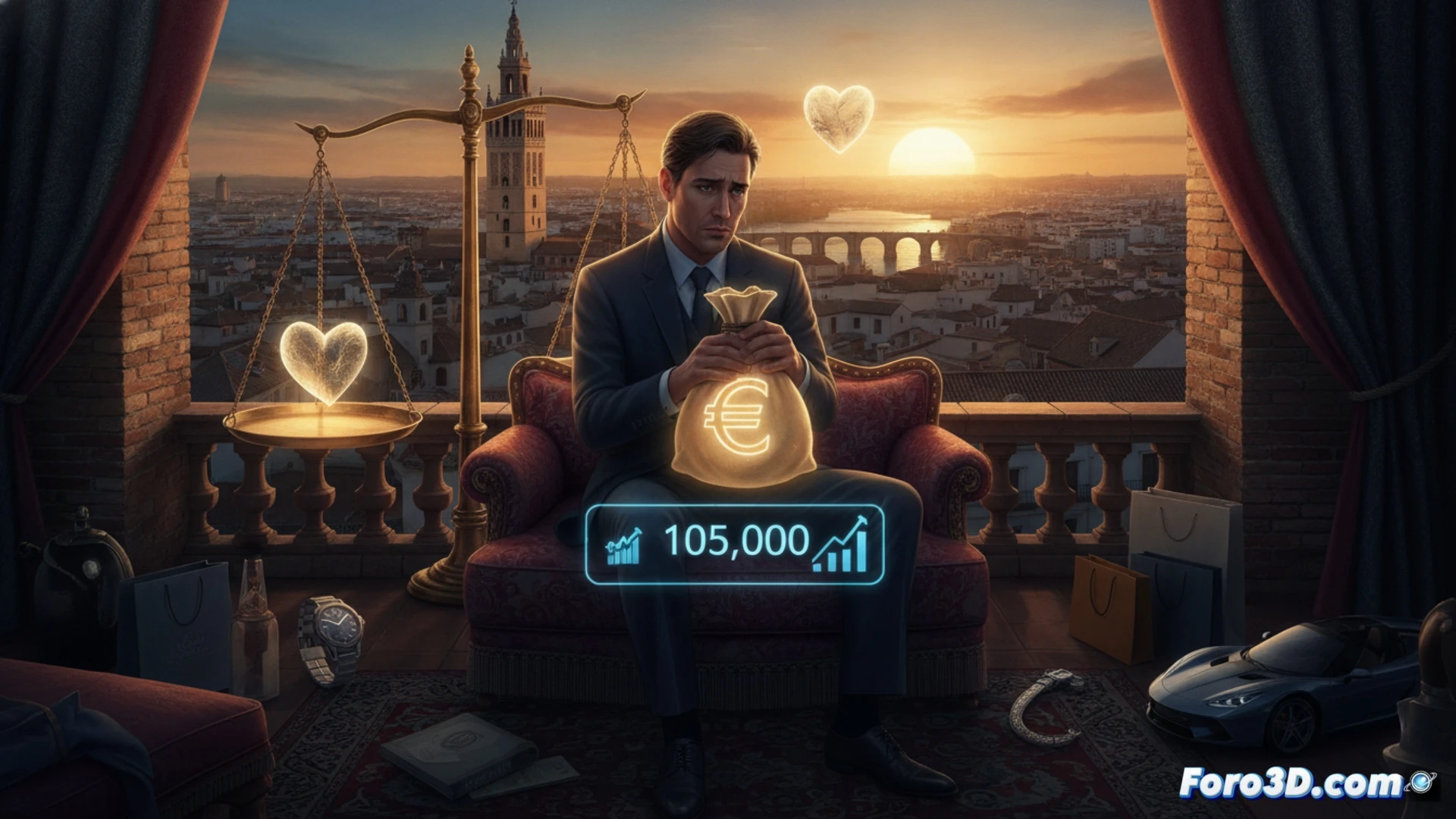 Financial advisor dashboard on a large curved monitor showing a happiness-income threshold graph at 105k euros, a person in a suit adjusting the chart slider while a frustrated worker looks at the screen from behind, scattered bank documents and a coffee cup on the desk, photorealistic corporate office lighting, deep shadows, glossy screen reflections, realistic keyboard and mouse, ultra-detailed plastic and metal textures, cinematic composition with shallow depth of field, technical illustration style
