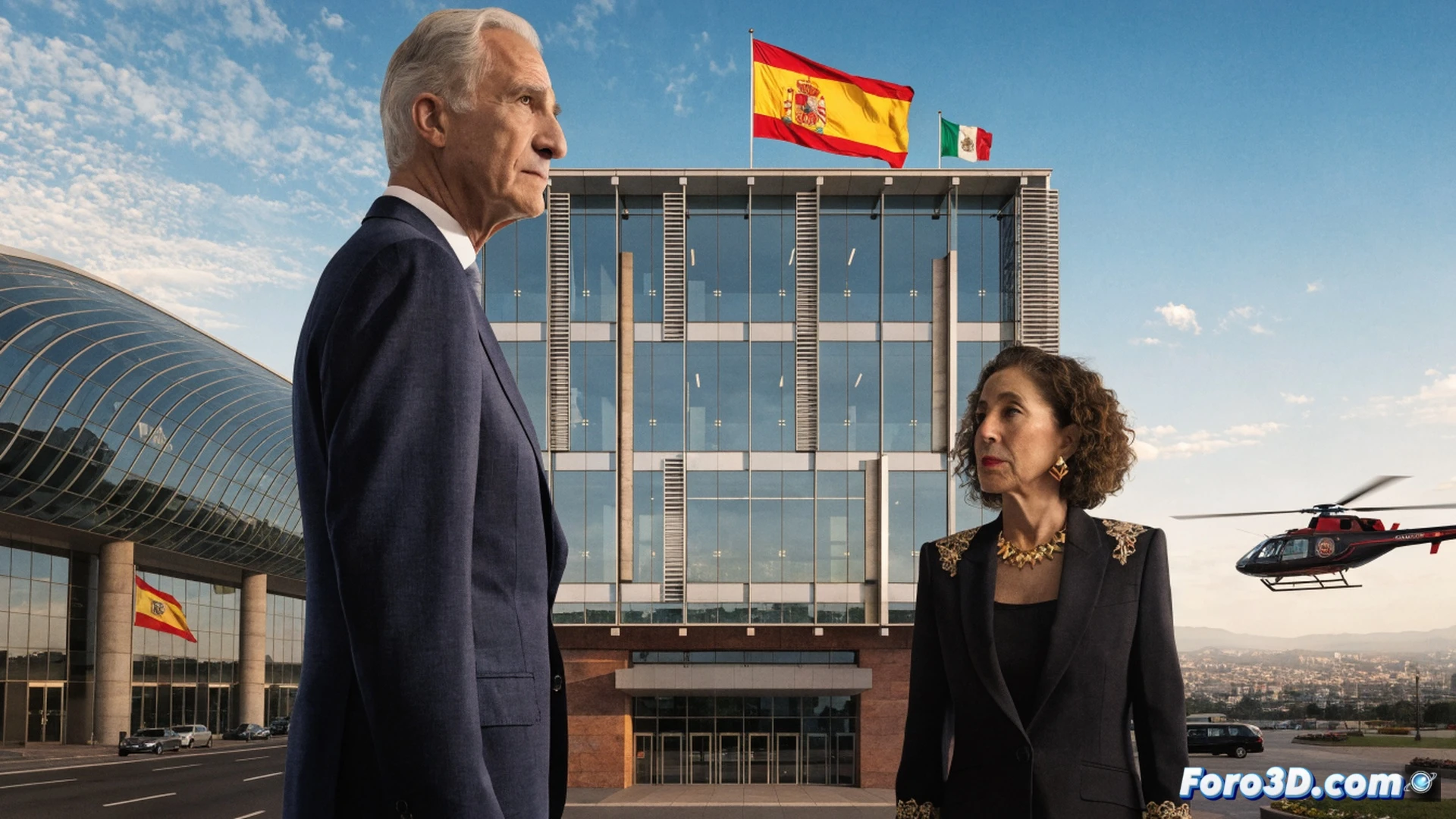 Felipe VI estrechando la mano de Claudia Sheinbaum en una sala de juntas moderna, mapa digital de rutas comerciales iluminado sobre una mesa táctil, documentos de cooperación bilateral desplegados, pantallas holográficas mostrando gráficos de acuerdos, estilo cinematográfico fotorrealista, iluminación suave de ventanales, trajes formales, gesto de reconciliación diplomática, fondo con banderas de España y México, ambiente corporativo institucional, detalles de texturas en madera y vidrio.