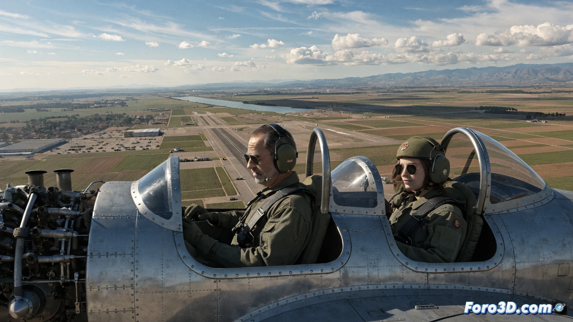 Felipe VI y Leonor en cabina de entrenamiento de caza, ambos con cascos de vuelo y visores transparentes, manos sobre controles de vuelo y palanca de mando, mostrando instrumentos de panel digital con altímetro y horizonte artificial, durante ejercicio de simulación de despegue en pista de San Javier, fondo de hangar militar con alas de avión y turbinas visibles, estilo cinematográfico fotorrealista, iluminación industrial suave, detalles técnicos de cockpit y uniformes castrenses, acción de instrucción aérea en progreso.