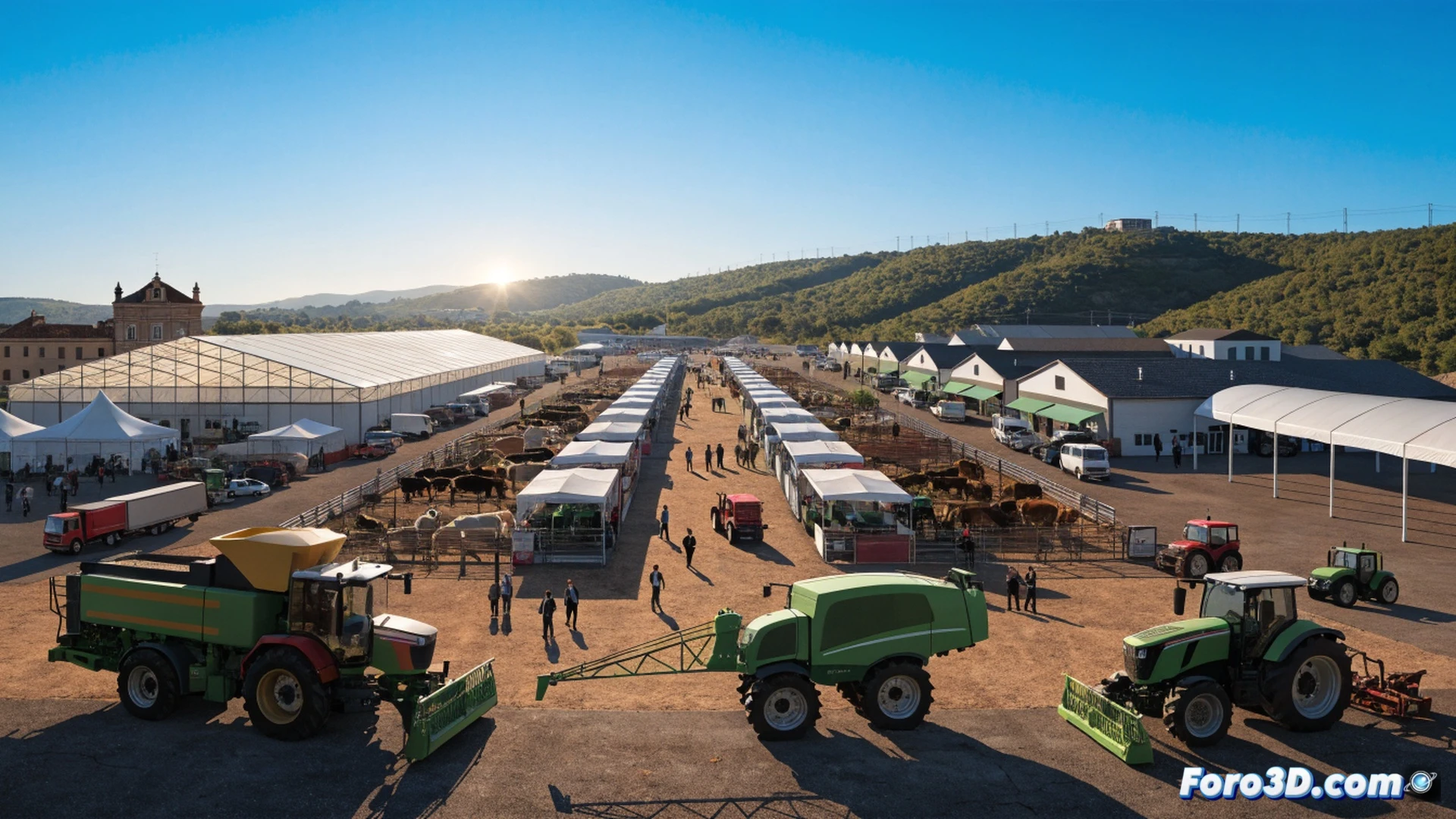 agricultural trade fair aerial view at dawn, rows of modern tractors and harvesters gleaming under morning light, farmers in hats examining a robotic milking system while a technician demonstrates soil sensor probes on a digital tablet, large irrigation drone hovering above a demo plot, dry Spanish soil texture visible, heat haze rising subtly from asphalt paths, photorealistic engineering visualization, wide-angle lens capturing depth of exhibition grounds, golden sunlight casting long shadows, ultra-detailed machinery and metallic surfaces, cinematic industrial atmosphere