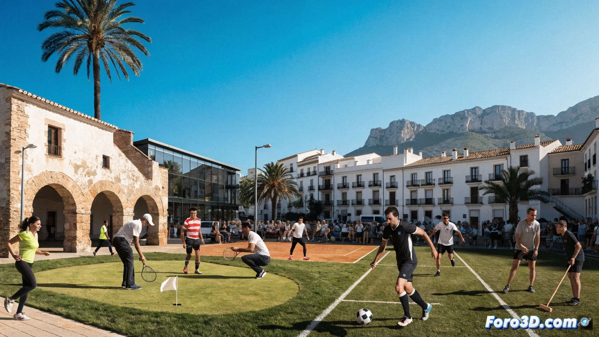 Grupo diverso de atletas compitiendo simultáneamente en cuatro zonas deportivas al aire libre bajo sol intenso. Primer plano muestra un golfista ejecutando un swing preciso mientras una pelota blanca despega con efecto spin sobre césped perfecto. Al fondo, jugadores de fútbol 7 disputan un balón mientras un tenista golpea una pelota amarilla en pista de tierra batida. En cuarto plano, dos participantes de futgolf realizan un pase combinado entre un palo de golf y un balón de fútbol. Estilo cinematográfico fotorrealista, iluminación natural mediterránea cálida, ligero desenfoque de movimiento en las acciones, banderines decorativos de feria ondeando, gradas con público animado, arboles de pino al fondo, sin texto visible.
