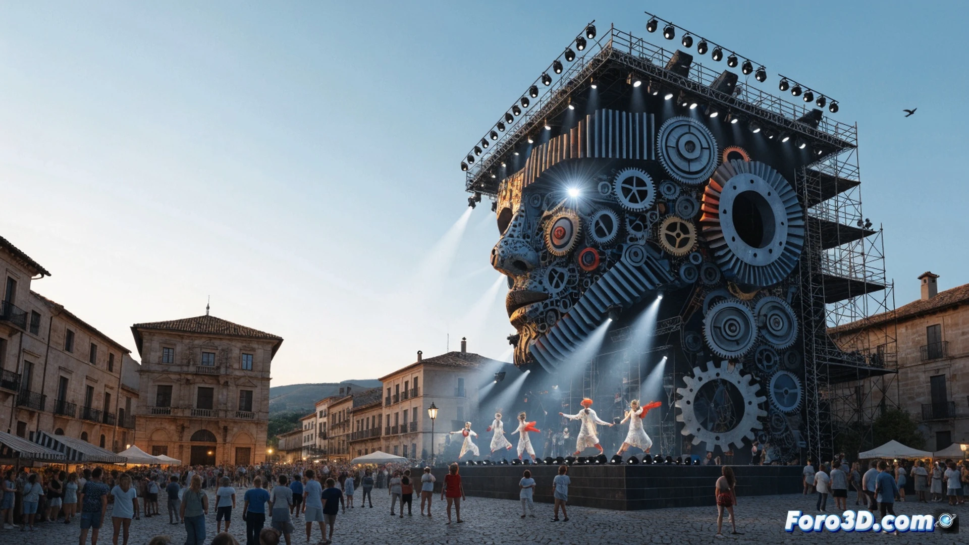 Feria de teatro al aire libre en plaza medieval de Ciudad Rodrigo, escenario de madera con focos LED y sistema de sonido profesional, actores en movimiento durante una función de calle con vestuario colorido, público diverso de 30.000 espectadores sentado en gradas y de pie, técnicos ajustando consola de mezclas y micrófonos inalámbricos en primer plano, drones de grabación sobrevolando la escena, atardecer dorado iluminando torres de piedra, estilo cinematográfico photorealistic, alta definición, texturas de piedra antigua y equipamiento escénico metálico, ambiente festivo nocturno con luces cálidas