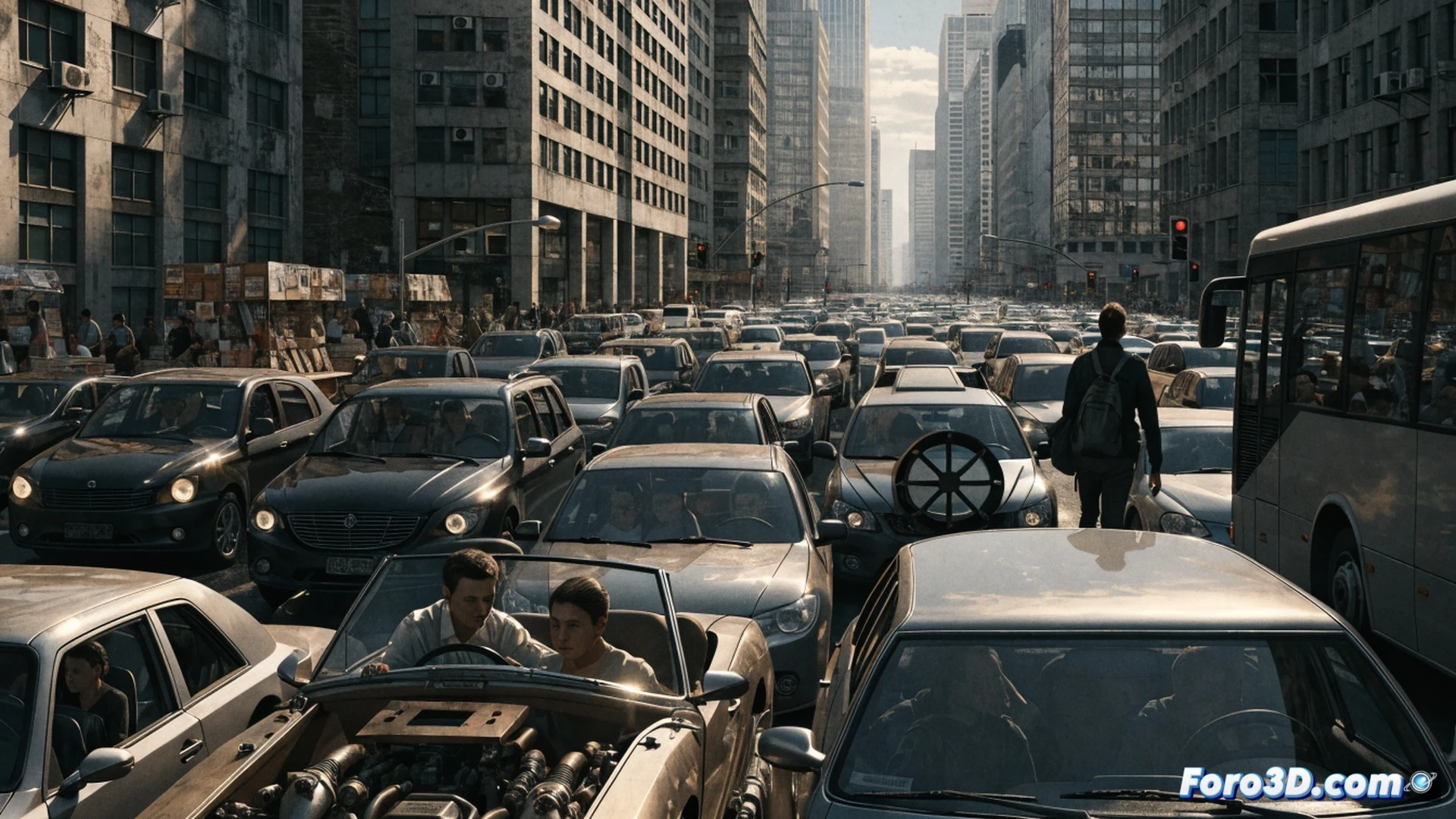 aerial view of a chaotic traffic jam surrounding a modern convention center, cars bumper-to-bumper on a multi-lane highway, a lone pedestrian walking along a narrow sidewalk past a broken bus stop sign, the convention center entrance visible in the distance with a small crowd waiting, cinematic photorealistic visualization, overcast grey sky, exhaust fumes rising from stalled vehicles, asphalt texture detailed, urban infrastructure contrasting with cultural venue, dramatic lighting with low sun casting long shadows, hyper-realistic cityscape render