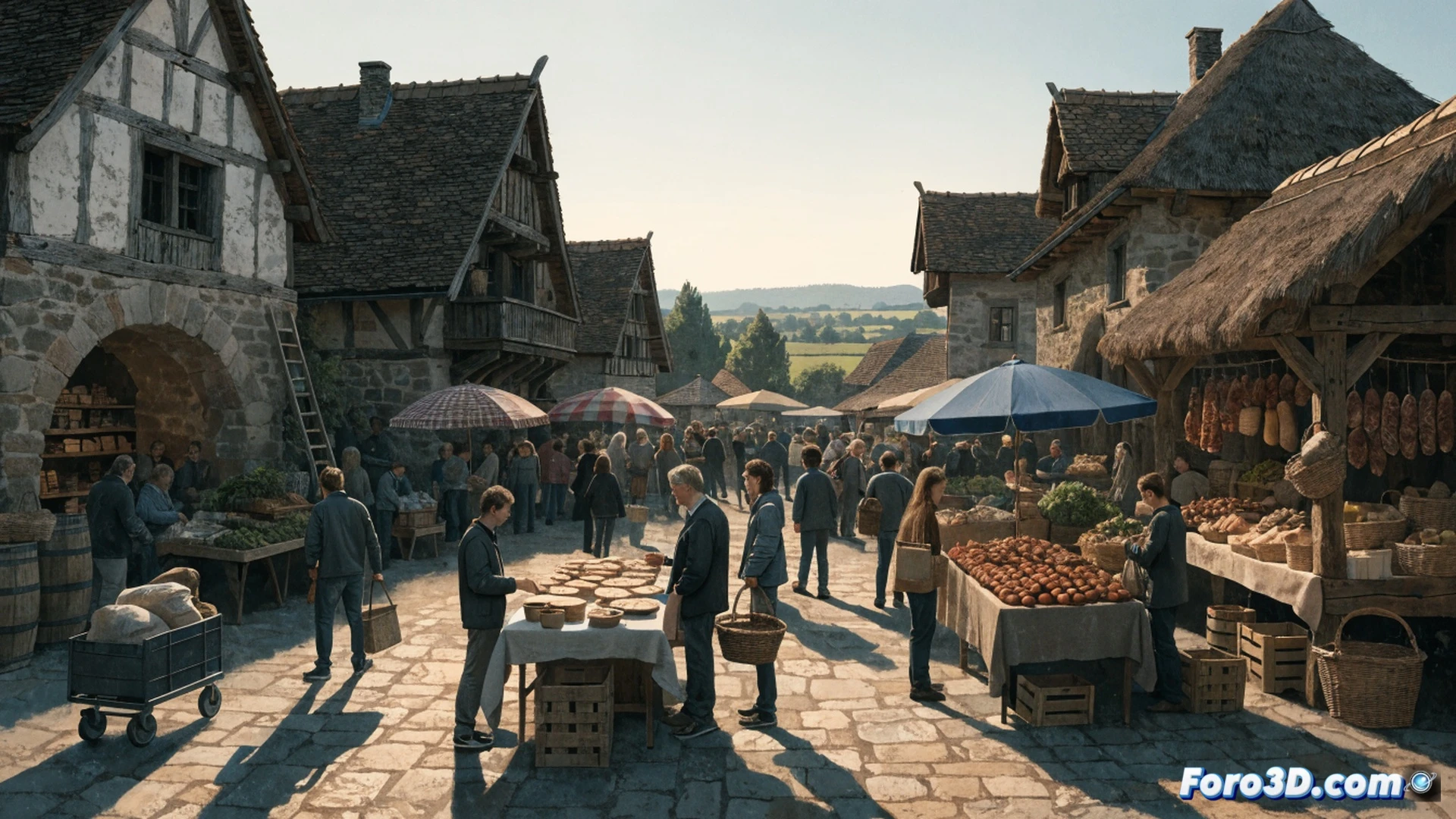 Empty rural marketplace at dawn, a single bakery light glowing, elderly baker handing fresh bread to young apprentice through wooden counter, worn cash register and stainless steel dough mixer visible, faded sign reading panaderia overhead, cobblestone street wet from morning mist, empty stalls with folded awnings, abandoned delivery van in background, cinematic photorealistic style, warm interior light contrasting cold blue exterior, dust particles in sunbeam, weathered textures on stone walls, dramatic chiaroscuro lighting, hyperdetailed bread crust and flour-dusted hands, melancholic yet hopeful atmosphere, technical product shot quality