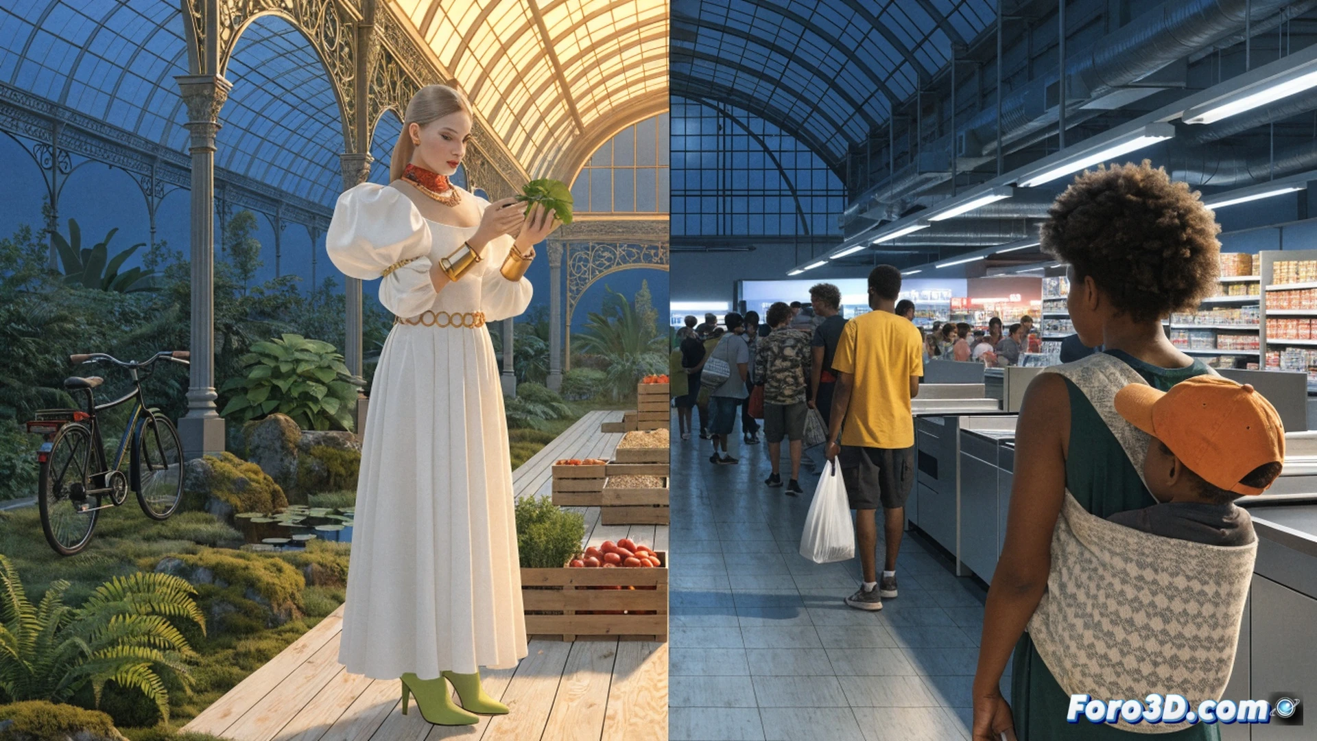 Cinematic scene of a farmers market divided by an invisible class barrier, left side shows shoppers filling organic cotton bags with quinoa priced at 8 euros per kilo, right side shows people pushing discount supermarket carts with basic staples, a transparent digital price tag overlay shows the cost difference, while a holographic graph in the background displays rising inequality metrics, dramatic chiaroscuro lighting separates the two groups, photorealistic technical illustration, high contrast shadows emphasizing structural division, ultra-detailed textures on produce and packaging, realistic crowd dynamics showing contrasting body language, cinematic depth of field, editorial documentary style