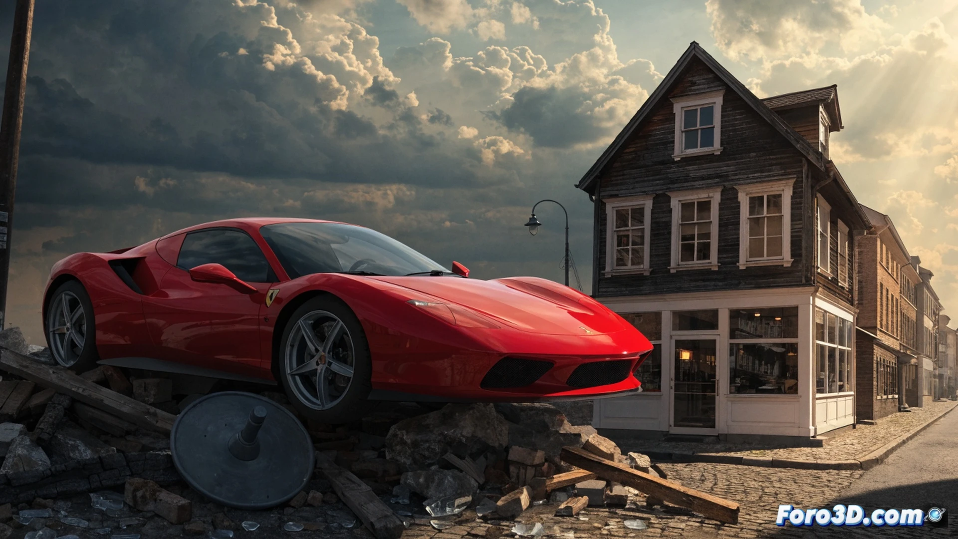 cinematic photorealistic scene of a red Ferrari sports car crushing a small wooden pizza shop sign under its tire, broken pizza boxes and flour scattered on asphalt, a sad elderly man in apron holding a letter from lawyers, modern glass office tower reflection in car window, dramatic sunset lighting, high contrast shadows, hyperdetailed chrome and wood textures, motion freeze showing moment of impact, dust particles suspended in air, emotional storytelling through visual symbolism, ultra realistic industrial render