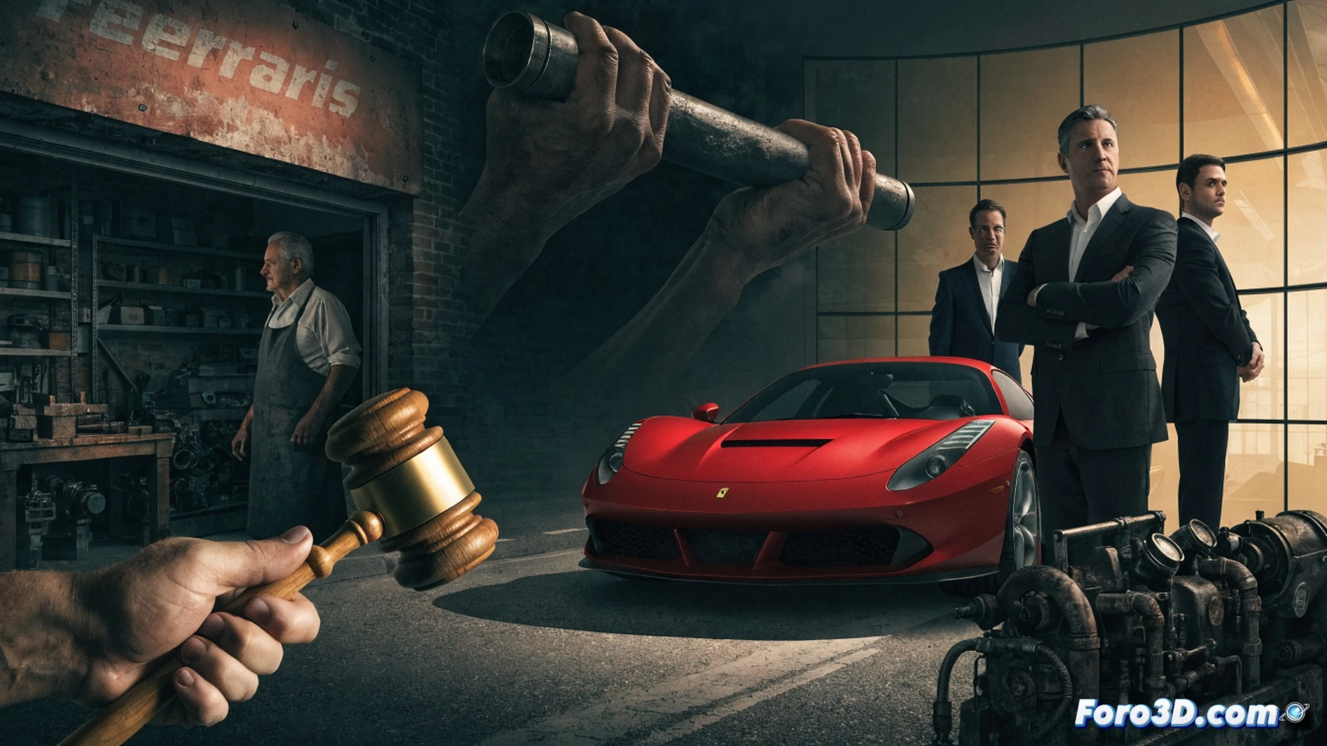 small family auto repair shop interior, vintage car on hydraulic lift, mechanic in blue overalls holding a wrench, giant metallic Ferrari horse crest crashing through the roof, glass and ceiling tiles exploding inward, dust and debris suspended mid-air, mechanic looking up in shock, tool cabinet and diagnostic computer on workbench, yellow workshop lights contrasting with red Ferrari glow, dramatic cinematic lighting, photorealistic architectural destruction, mechanical precision, high-contrast industrial shadows, ultra-detailed textures of metal and concrete, motion blur on falling debris