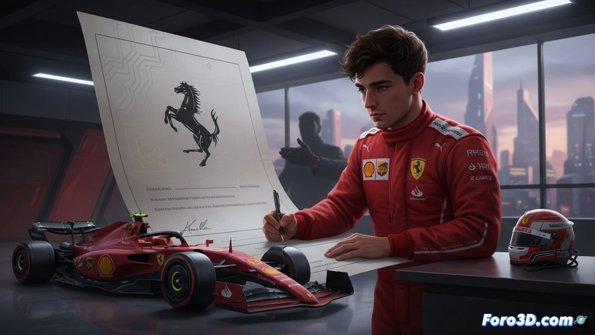 Charles Leclerc firma contrato multianual con Ferrari, sonrisa y casco rojo al fondo, en boxes.