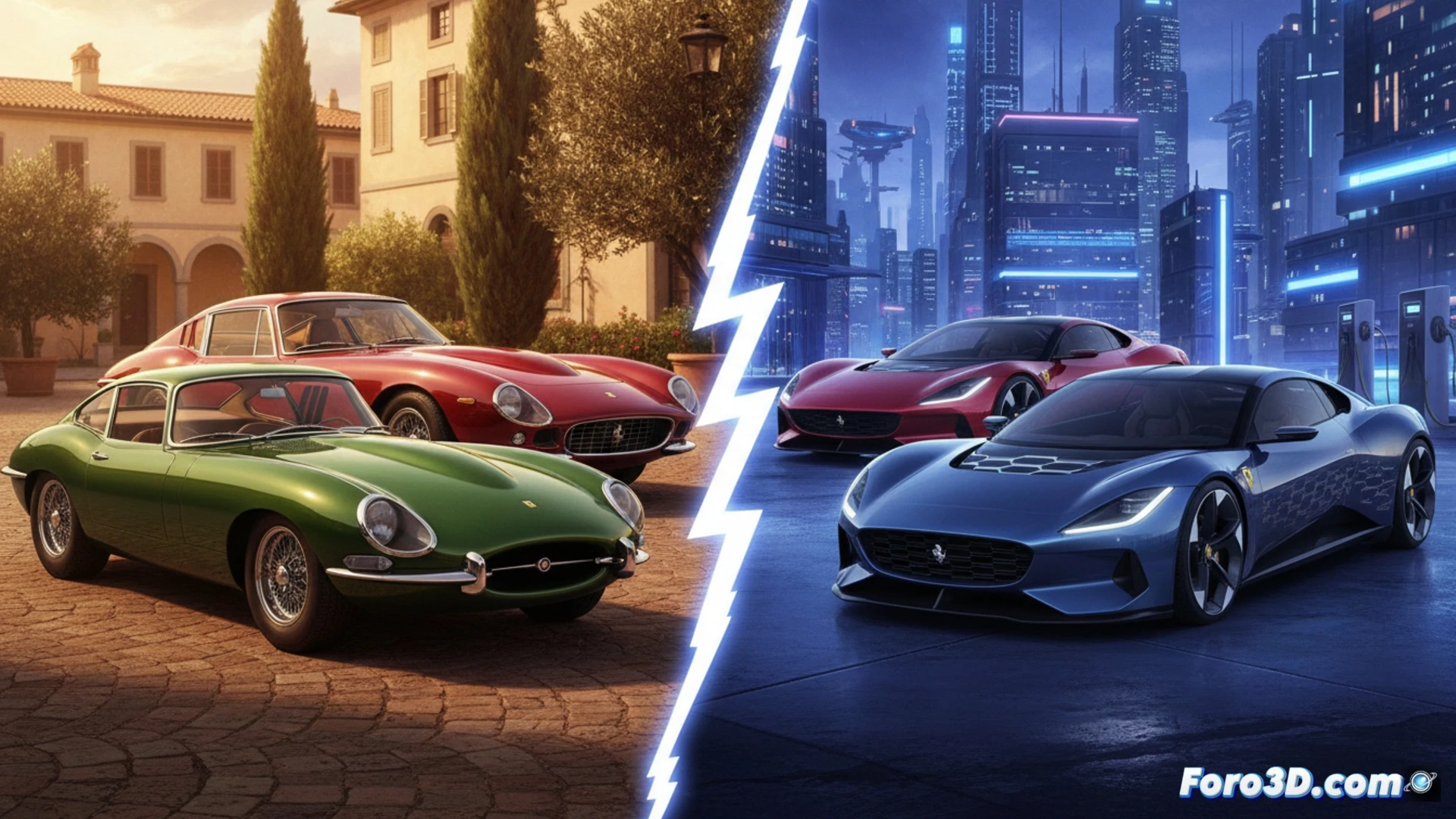 Dos prototipos eléctricos, uno rojo Ferrari y otro verde Jaguar, frente a sus clásicos modelos de combustión, bajo una luz dividida que simboliza el conflicto entre tradición y futuro.