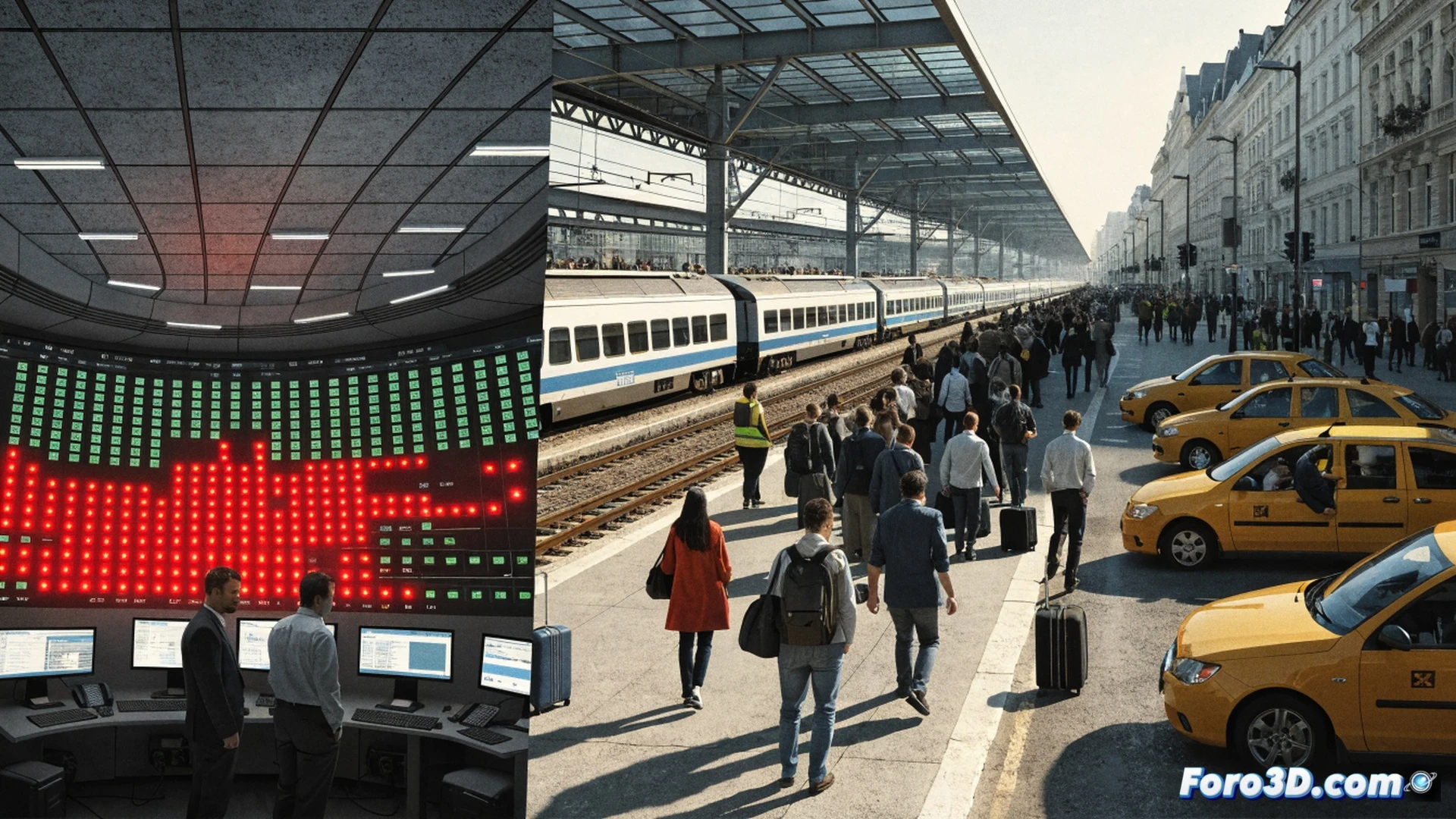 German railway control center during system failure, technician staring at multiple dark monitors showing network outage alerts, emergency backup switchboard unplugged and dusty, scattered paper timetables on desk, frustrated passengers visible through glass window waiting on empty platforms, cinematic engineering visualization, cold blue emergency lighting, abandoned digital signalling screens with error indicators, frayed cables hanging from ceiling, technical illustration style, photorealistic industrial atmosphere, dramatic shadows highlighting lack of redundancy, meticulous mechanical detail