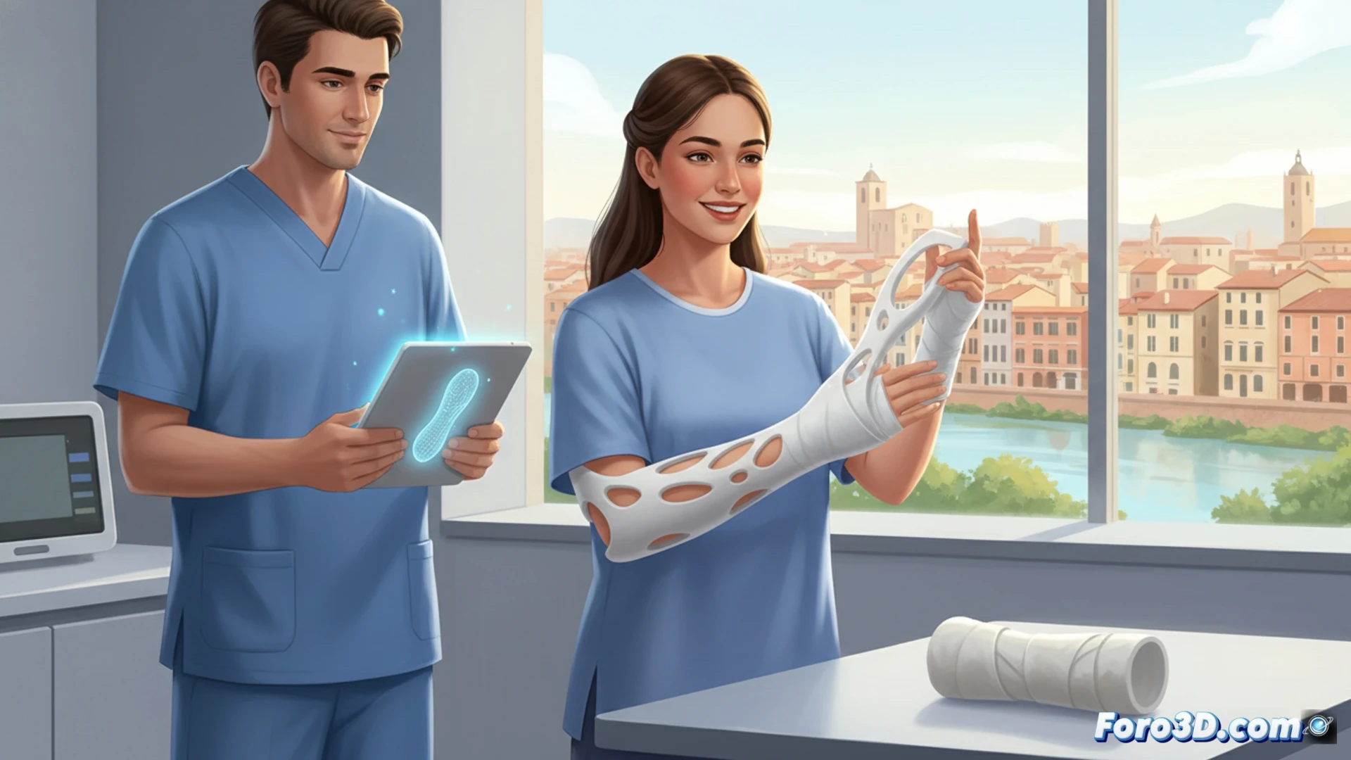 Close-up cinematic render of a patient’s forearm resting on a medical table, a lightweight white 3D-printed wrist splint being carefully fitted by a surgeon’s gloved hand, open lattice structure revealing custom anatomical contours, beside a discarded plaster cast fragment, background shows a desktop 3D printer with a finished splint and a digital tablet displaying a CAD model of the same splint, bright clinical lighting, photorealistic medical visualization, sharp focus on texture contrast between porous polymer and smooth skin.