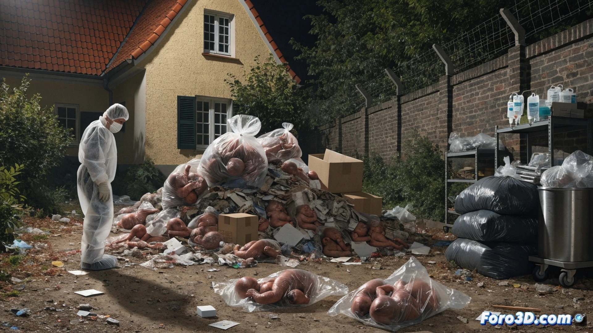 forensic investigation scene in Lutoryz Poland, police officers in protective suits excavating soil with shovels and metal detectors, partially uncovered medical waste bags and fetal tissue containers emerging from muddy ground, evidence markers placed around the site, technical forensic lighting casting harsh shadows, photorealistic crime scene documentation style, muddy boots and gloves in action, soil particles clinging to equipment, dramatic overcast sky, ultra-detailed textures of decaying organic matter and plastic, cinematic documentary aesthetic