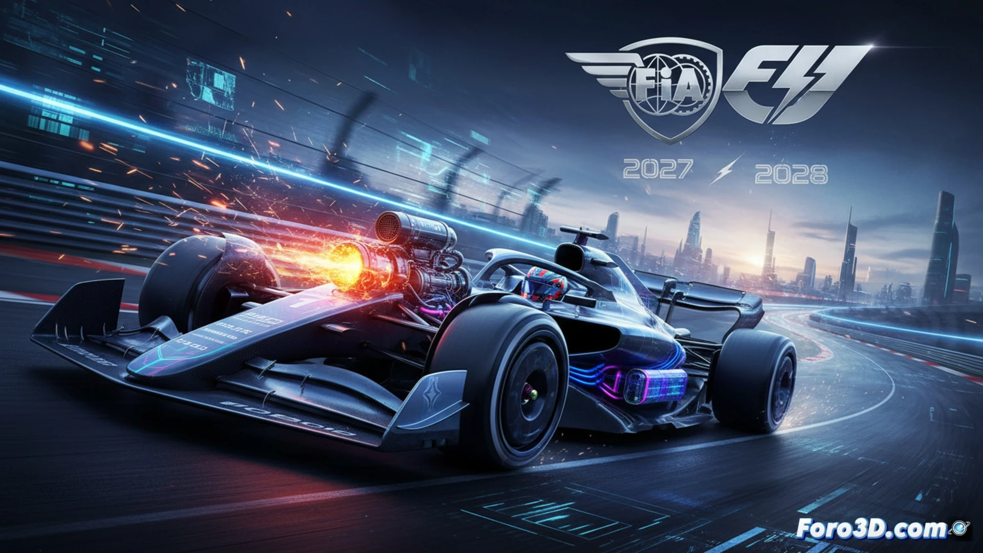 Cutaway view of a 2027 F1 engine bay showing V6 combustion block and electric motor unit with 60/40 power distribution labels, glowing energy flow lines shifting from hybrid battery to rear wheels during corner exit, carbon fiber body panels partially removed, telemetry data projected as holographic overlays on the sidepod, engineers analyzing live torque split on a tablet, dynamic action sequence of car accelerating out of a tight curve, cinematic technical illustration, metallic piston parts visible through transparent engine cover, heat haze above exhaust, photorealistic engineering visualization
