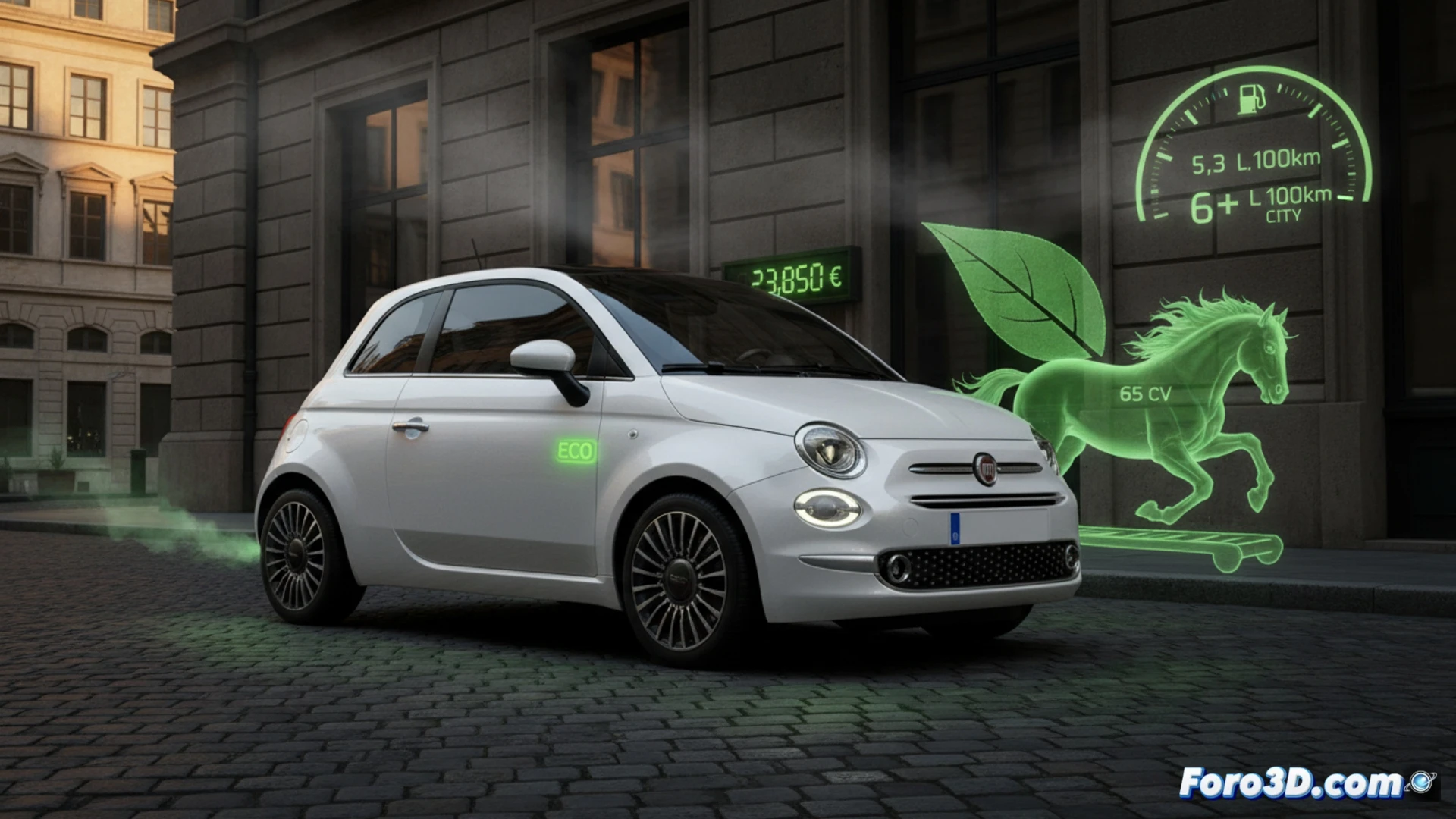 FIAT 500 3+1 Hybrid cutaway view, engine bay exposed showing small 1.0L hybrid motor with 12V belt-integrated starter generator, a mechanic’s hand holding a green ECO label sticker about to place it over the engine while a fuel canister drips 6.2 liters on the asphalt, city street background with blurred traffic, realistic technical illustration, dramatic workshop lighting, metallic body panels reflecting orange streetlights, visible hybrid battery pack under rear seat, motion blur on passing cars, photorealistic engineering visualization