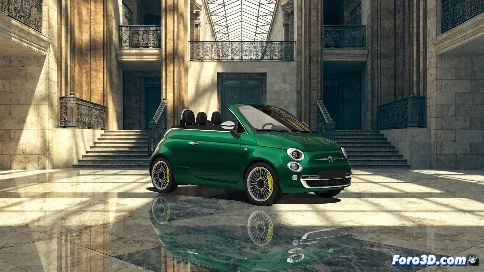 Fiat 500 Hybrid Dolcevista descapotable circulando por calle adoquinada de ciudad mediterránea al atardecer, techo de lona abierto mientras sistema híbrido eléctrico se activa en modo ECO, mostrando flujo de energía desde batería bajo el asiento trasero hacia motor eléctrico delantero, faros LED iluminando adoquines mojados, pantalla táctil central mostrando gráfico de regeneración de frenado, etiqueta ECO verde reflectante en parabrisas, ingeniería de tren motriz híbrido visible en corte transversal estilizado, líneas de flujo eléctrico azul brillante desde batería hasta ruedas, estilo cinematográfico con iluminación cálida de farolas, render fotorrealista técnico, detalle de suspensión y frenos en movimiento, ambiente urbano exclusivo