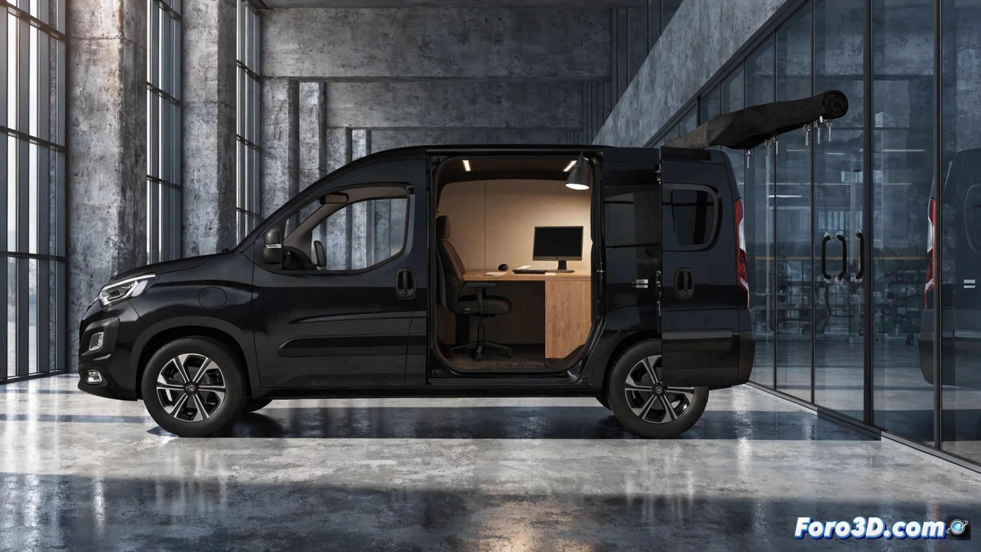 Fiat Doblò EasyPRO side profile, rear doors fully open revealing 4.4 cubic meter cargo space packed with stacked cardboard boxes and tool crates, driver seat folded flat transforming into a mobile office desk with integrated table surface and a laptop, action of a worker placing a toolbox onto the folded seat, dashboard showing simple digital instruments, compact urban street background with cobblestone pavement, cinematic photorealistic technical illustration, bright natural daylight, metallic blue body paint, clear reflections on windshield, practical working van aesthetic, ultra-detailed interior textures