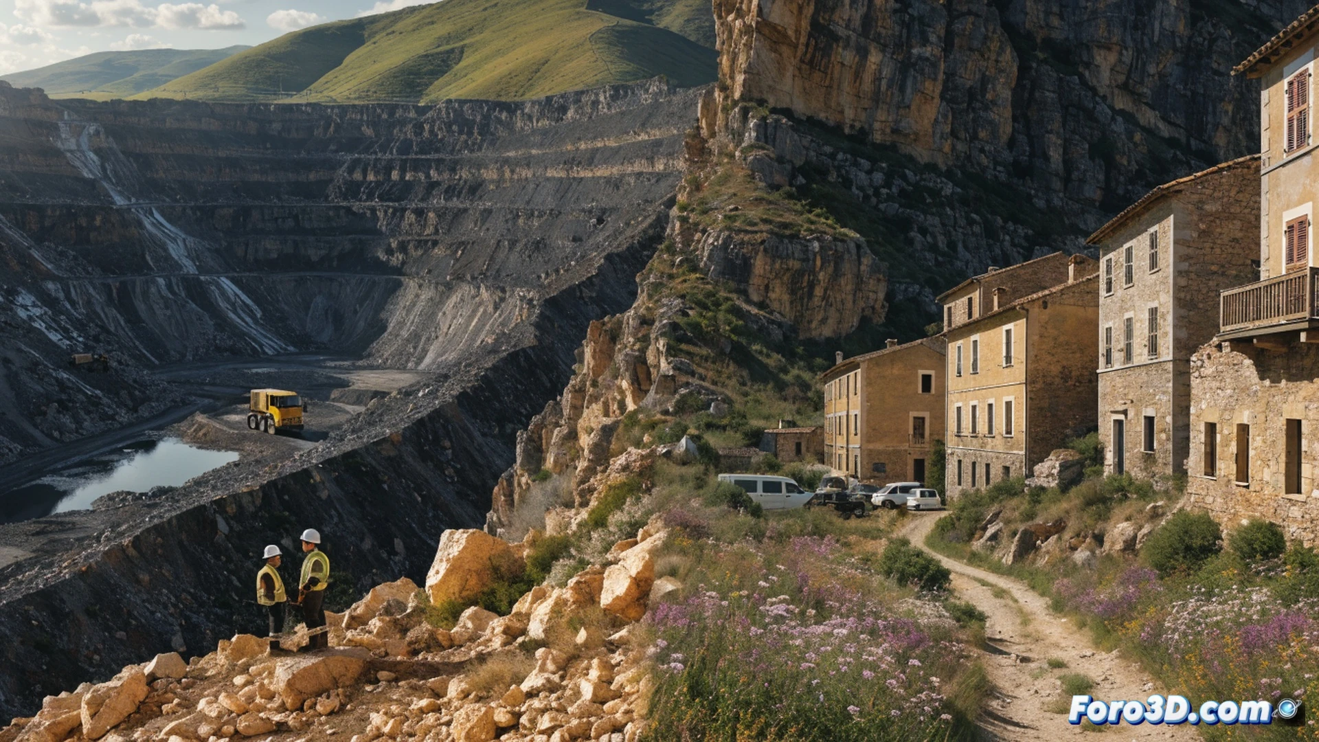 photorealistic technical scene of a dusty mining exploration site in Jaén, Spain, a geologist using a portable XRF spectrometer on a rock sample, drilling rig in background on dry hillside, empty mining claim markers fading into eroded soil, cracked ground and abandoned exploration trenches nearby, golden sunlight casting long shadows over rusted equipment, cinematic documentary style, realistic textures of mineral deposits and weathered tools, demonstrating the gap between initial excitement and unfulfilled extraction promises