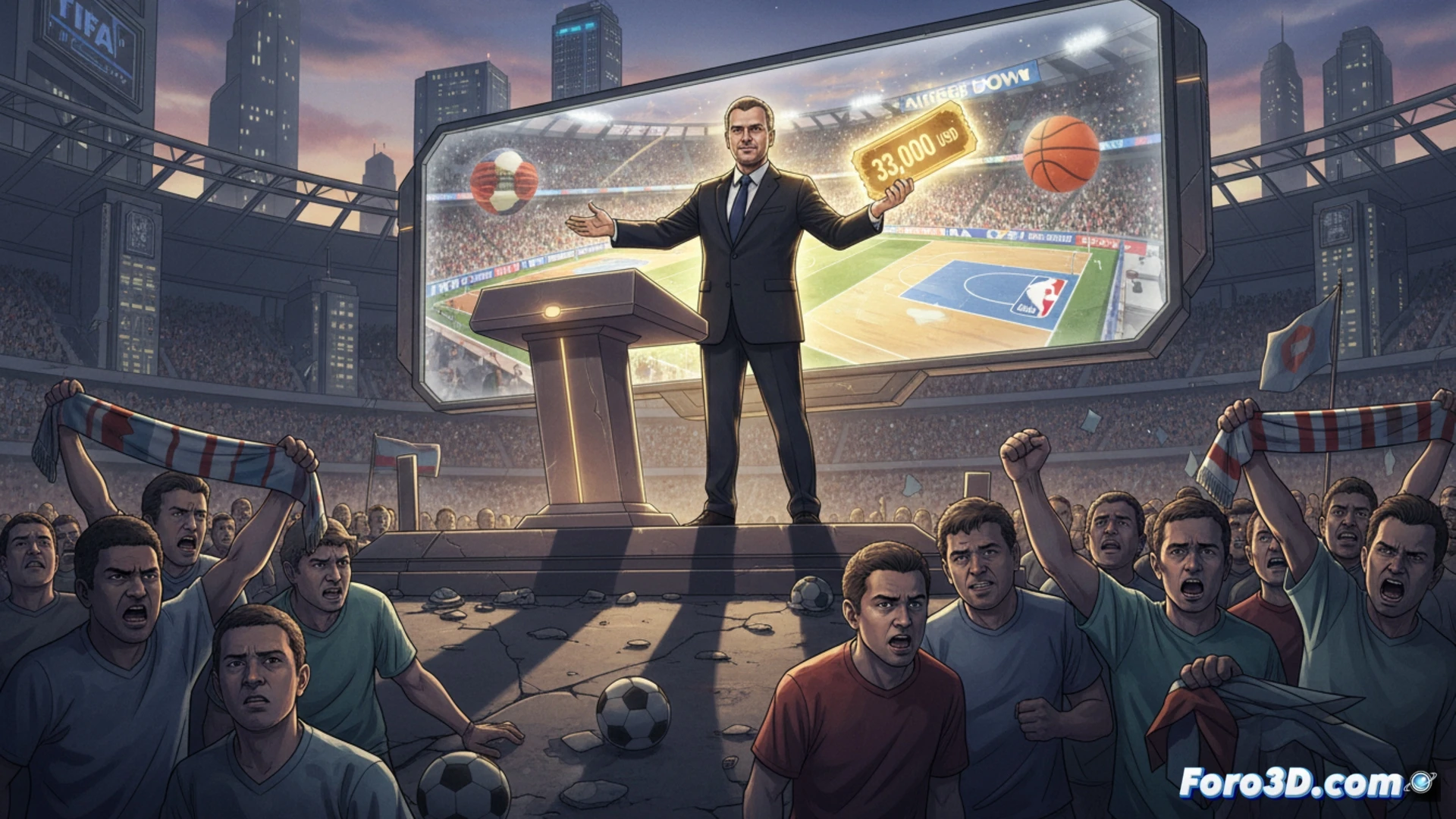 stadium luxury suite interior, Gianni Infantino figure gesturing toward holographic ticket display showing $33,000 price tag, comparison chart of Super Bowl and NBA finals costs floating beside him, angry fans outside stadium visible through glass, security guards blocking entrance, premium seating with gold-plated railings, empty VIP boxes contrasting with crowded general stands, cinematic photorealistic render, dramatic overhead lighting, sleek dark corporate aesthetic, tension between wealth and exclusion, ultra-detailed architectural visualization