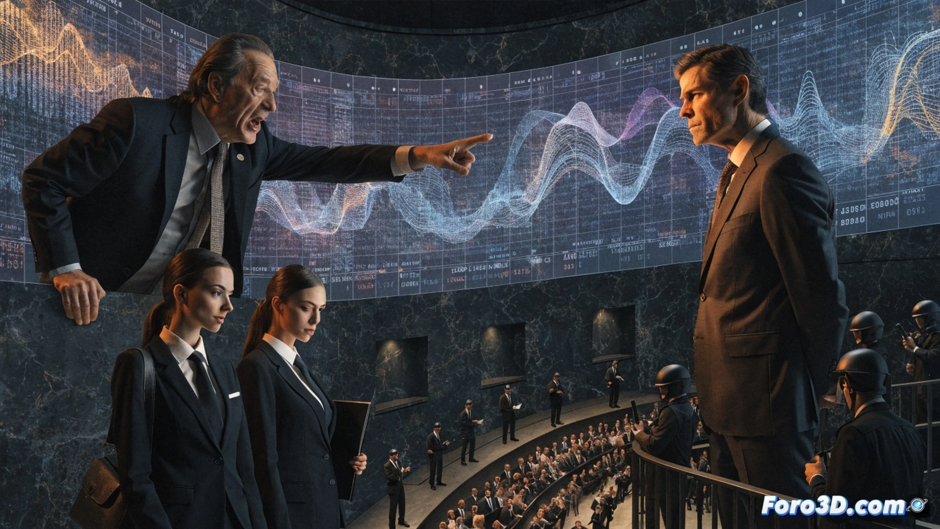 dark parliamentary chamber, male politician in suit pointing aggressively at distant government bench, three women in business attire standing behind glass barrier labeled as defendants, shadowy figure of president partially illuminated behind them, scattered documents marked with seal and money stacks on wooden desk, broken gavel and spilled inkwell, cinematic political thriller style, dramatic chiaroscuro lighting, wide-angle lens distortion, tension visible in clenched fists and stiff postures, photorealistic courtroom drama render, motion blur on falling paper sheets, cold blue and amber color contrast