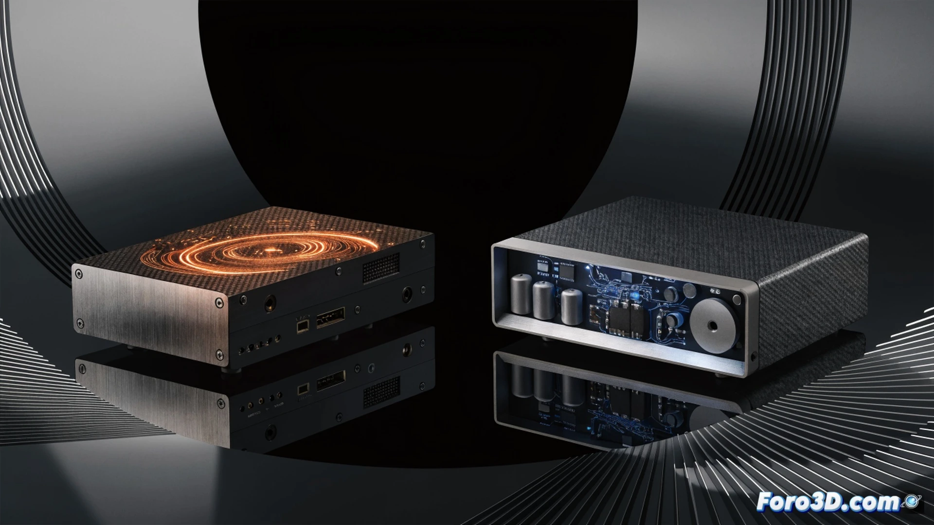 FiiO WARMER R2R DAC con válvulas conectado mediante cable óptico a un ordenador portátil abierto mostrando un espectrograma de audio en pantalla, junto al amplificador LEVEL 1 compacto alimentando un altavoz de estantería de alta gama, ondas de sonido visibles fluyendo desde las válvulas incandescentes hacia el amplificador mientras el altavoz vibra con movimiento congelado, estilo cinematográfico ultrarealista, iluminación tenue de estudio con reflejos cálidos dorados sobre el chasis metálico, texturas de componentes electrónicos visibles, fondo oscuro con degradado color ámbar, fotorealismo técnico de alta definición