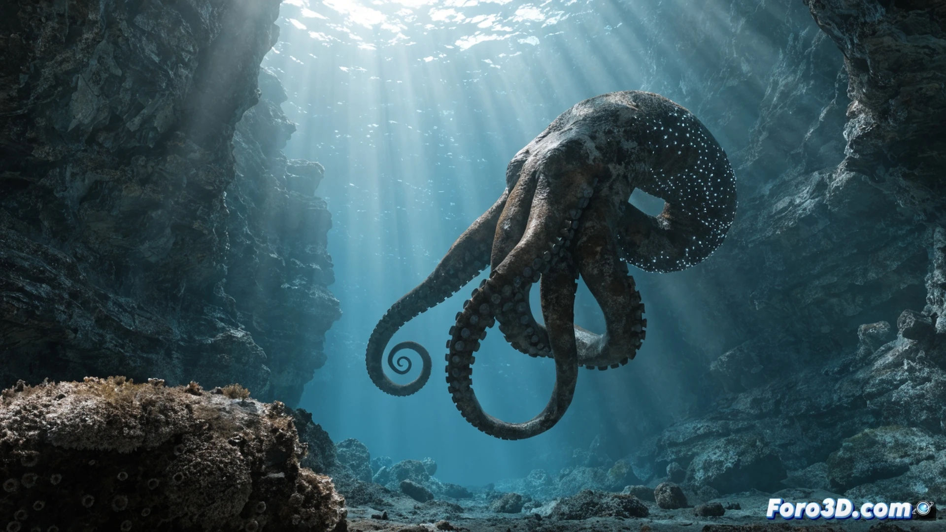 digital artists adjusting giant octopus tentacle animation on multiple monitors, 3D modeling software interface showing wireframe mesh of kraken creature, underwater environment rendering in progress with volumetric lighting and particle effects, compositing workspace with layered ocean scene elements, cinematic technical illustration style, dark studio lighting with blue screen glow, artists using stylus tablets while reviewing creature texture details, photorealistic creature skin with bioluminescent spots, dramatic deep-sea atmosphere, ultra-detailed tentacle suction cups and barnacle textures, motion blur on simulated water currents