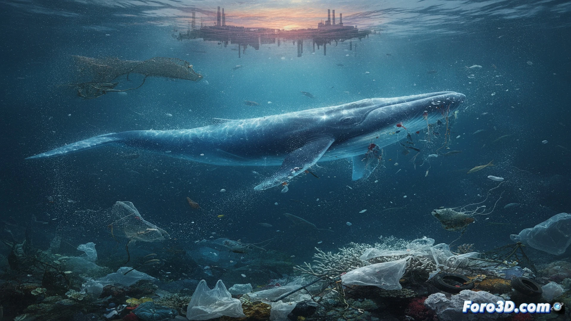 Photorealistic cinematic scene of ocean surface with plastic waste fragments breaking apart into microplastic particles, a water filtration system showing plastic fibers passing through membrane pores, fish swimming near contaminated water layer while microscopic plastic particles enter their gills, industrial pipeline discharging plastic debris into sea, glowing orange sunset sky reflecting on polluted water, ultra-detailed environmental visualization, dramatic lighting, high contrast between clean blue water and toxic plastic elements, photorealistic technical illustration