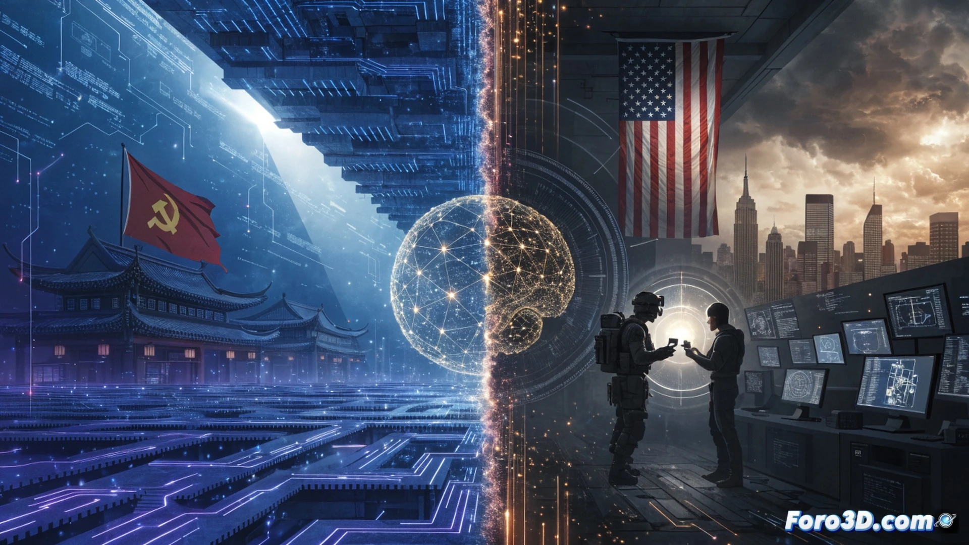 technical illustration of a data center server rack with glowing blue fiber optic cables connecting to a stylized Chinese flag, a hooded figure reaching toward a holographic neural network labeled Mythos, while a U.S. Capitol building silhouette looms in the background, digital padlocks breaking apart mid-air, cyber attack process shown with red warning lines tracing from the server to a satellite dish, cinematic lighting with high contrast shadows, photorealistic style, metallic server components, cooling fans visible, dramatic tension, ultra-detailed hardware textures, glowing circuit board patterns