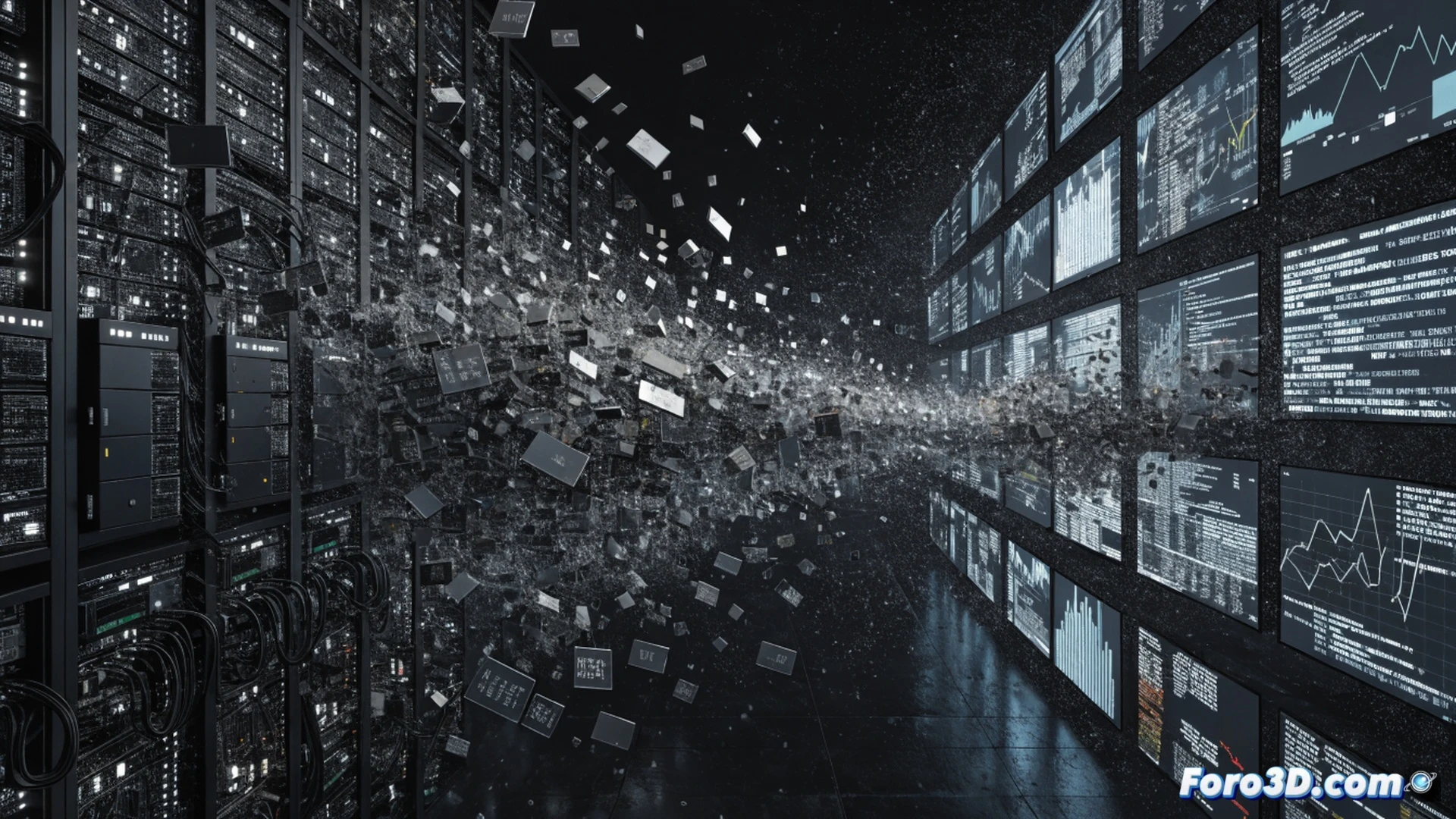 Data breach visualization, massive server rack glowing with red warning indicators, cascading digital waterfall of user profiles and addresses streaming from exposed database ports, hooded figure silhouette accessing unsecured terminal, broken firewall represented by shattered glass panels, South Korean won currency symbols dissolving into binary code, cinematic cyberpunk aesthetic, dark blue and crimson lighting, holographic data streams with error alerts, photorealistic forensic investigation scene, dramatic low-angle shot, metallic server components with visible vulnerability markers