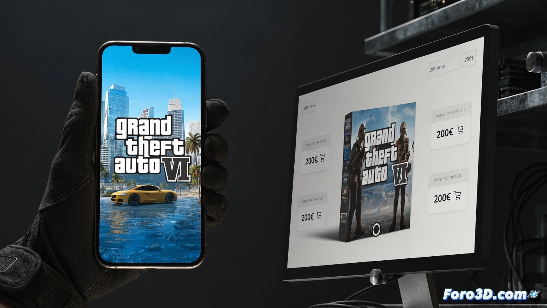 gaming desk setup with a monitor displaying a Steam store page for GTA 6 showing a crossed-out price tag of 200 euros, a hand holding a smartphone with a red X over a fake French retailer listing, keyboard with glowing keys, mouse hovering over a pre-order button dated June 25, console controller nearby, shattered piggy bank next to a stack of real 70 euro notes, technical illustration style, photorealistic render, dramatic side lighting, shallow depth of field, action of disproving false information, clean modern workspace