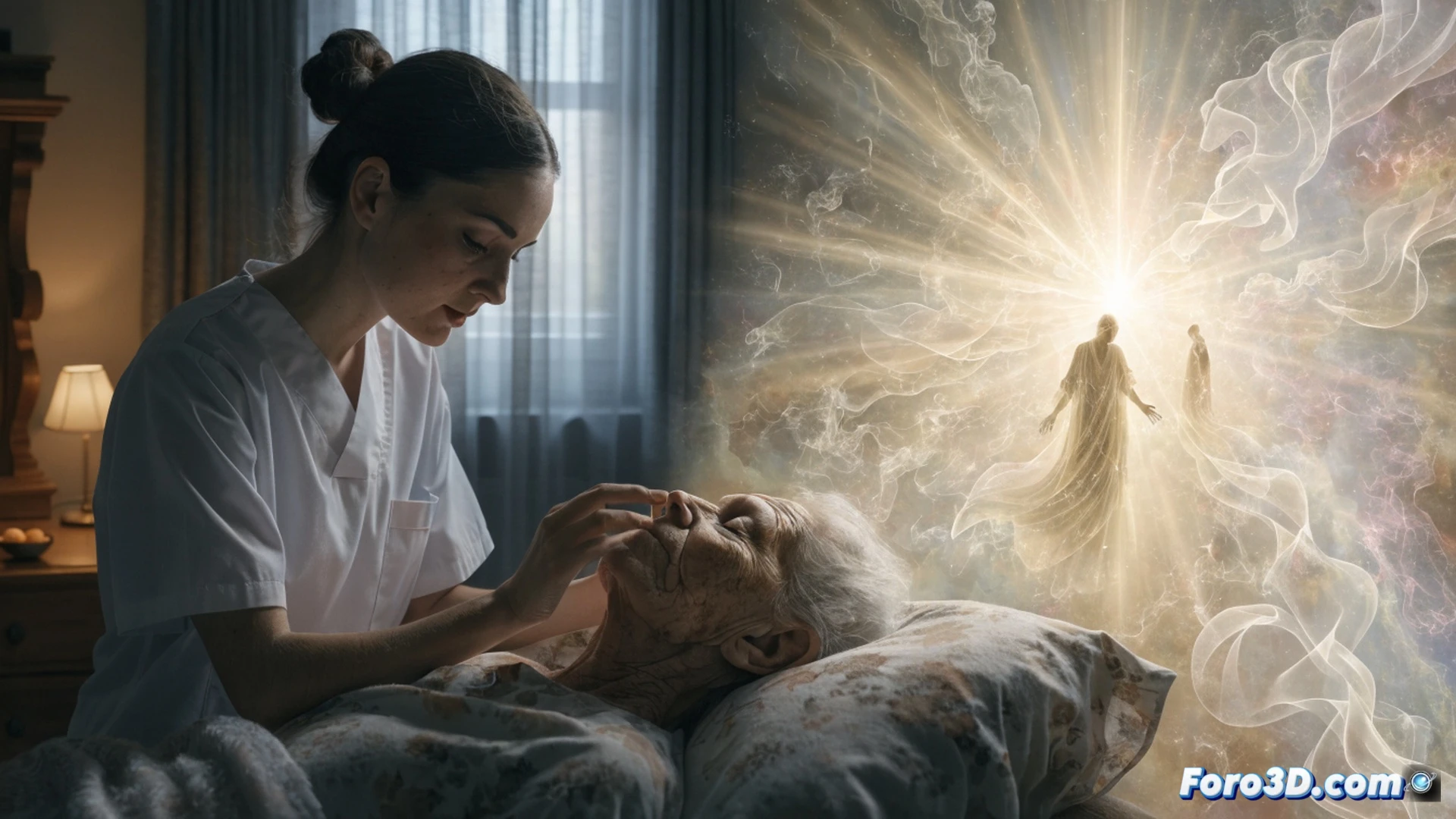 young woman in hospital bed with soft morning light, holding a small notebook while a nurse adjusts an IV drip, her hand gently touching a wilting flower on the bedside table, cinematic photorealistic style, warm golden hour lighting, medical monitoring screen showing vital signs in background, transparent oxygen tubing curving beside her pillow, peaceful expression on her face, hospice room with wooden crucifix and open window showing Seville rooftops, ultra-detailed fabric folds on sheets, soft focus on medical equipment, emotional yet serene composition, realistic skin texture and shadow play