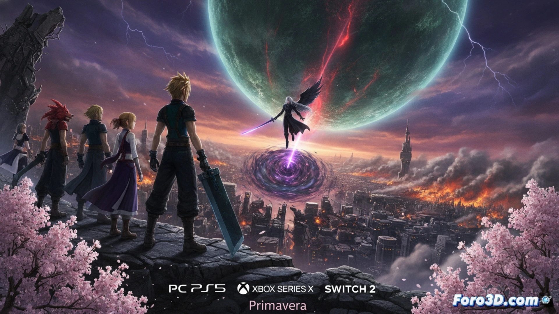 Cloud Strife gripping Buster Sword while facing Sephiroth atop a crumbling mako reactor, meteor glowing ominously in stormy sky above, party members Tifa and Barret positioned behind with weapons drawn, materia glowing on gauntlets and armor, metallic debris falling around them, cinematic action scene, dramatic lighting with green mako energy reflections on wet metal surfaces, dynamic pose demonstrating final confrontation, ultra-detailed character textures, particle effects from materia spells, photorealistic game cinematic render, epic scale with planet visible through broken sky