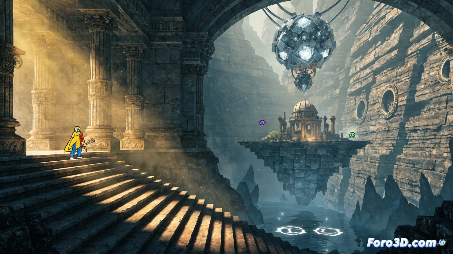 Pixel art warrior facing giant Ramuh summon in HD-2D battle arena, glowing lightning particles crackling around floating crystals, turn-based combat interface shown through semi-transparent menu overlay, retro sprite character casting spell while 3D environment shifts perspective, volumetric fog and dynamic lighting on ancient ruins background, cinematic technical illustration, dramatic blue-white electric arcs, pixelated smoke trails mixing with modern particle effects, ultra-detailed sprite animation frozen mid-action, nostalgic yet cutting-edge visual style, photorealistic textures on summoned beast contrasting with chibi hero design