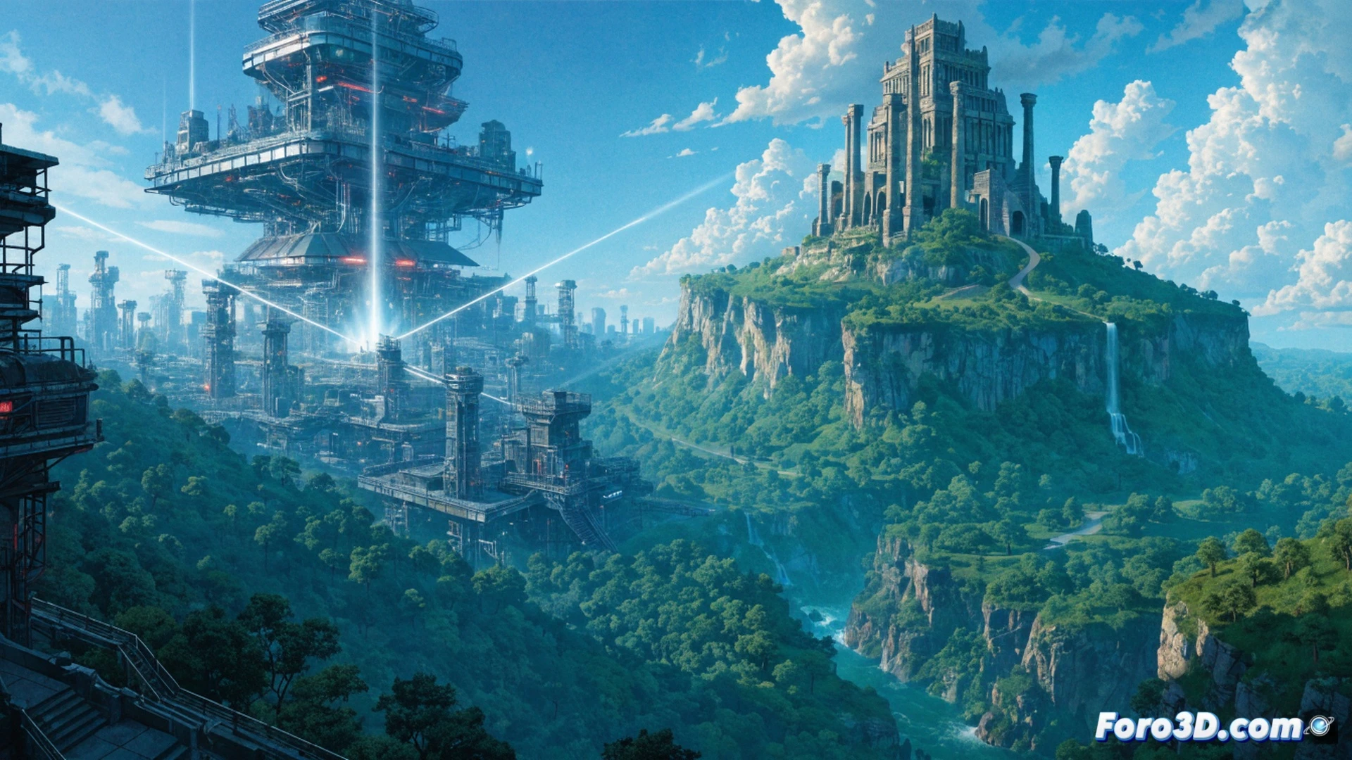 fragmentado paisaje de mundo abierto digital, antiguo pueblo esquelético de huesos desvaneciéndose en partículas brillantes mientras nuevas estructuras de templo futuristas emergen del suelo, motor gráfico renderizando terreno procedural en tiempo real, líneas de código y nodos de ramificación narrativa visibles como hilos luminosos conectando zonas, estilo cinematográfico de ilustración técnica, luces de neón azul y naranja contrastando con ruinas polvorientas, texturas de alta resolución en piedra y metal, partículas flotando durante la transición, demostrando proceso de reemplazo de assets heredados, photorealistic technical render