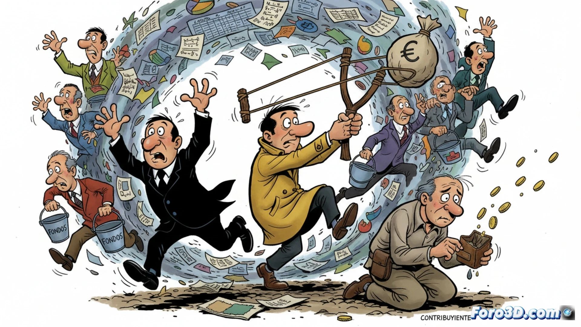 Comic strip style illustration showing Mortadelo and Filemón politicians running in a chaotic circle around a large confusing spreadsheet labelled with complex regional funding formulas, while Bacterio figure representing the taxpayer sits defeated in a corner holding an empty wallet, Filemón’s slingshot misfiring and missing a dartboard target labelled fair distribution, technical elements include scattered budget documents, calculators, and a broken abacus, bright primary colours, thick black outlines, exaggerated cartoon expressions, dynamic motion lines, dramatic shadows, detailed background with Spanish regional flags, photorealistic comic book rendering, high contrast lighting