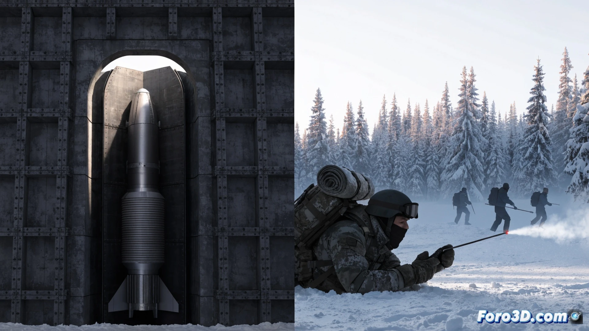 Arctic military bunker entrance opening at dawn, NATO F-35 fighter jet on snowy runway with nuclear weapon storage container being unloaded from reinforced transport vehicle, soldiers in arctic camouflage monitoring perimeter, frost-covered missile silo in background, cinematic photorealistic engineering visualization, metallic blast doors sliding open, motion blur from rotating radar dish, dramatic low-angle lighting, ultra-detailed cold-weather military hardware, realistic snow particle effects, high-contrast blue and grey color palette, technical accuracy in weapon handling protocols