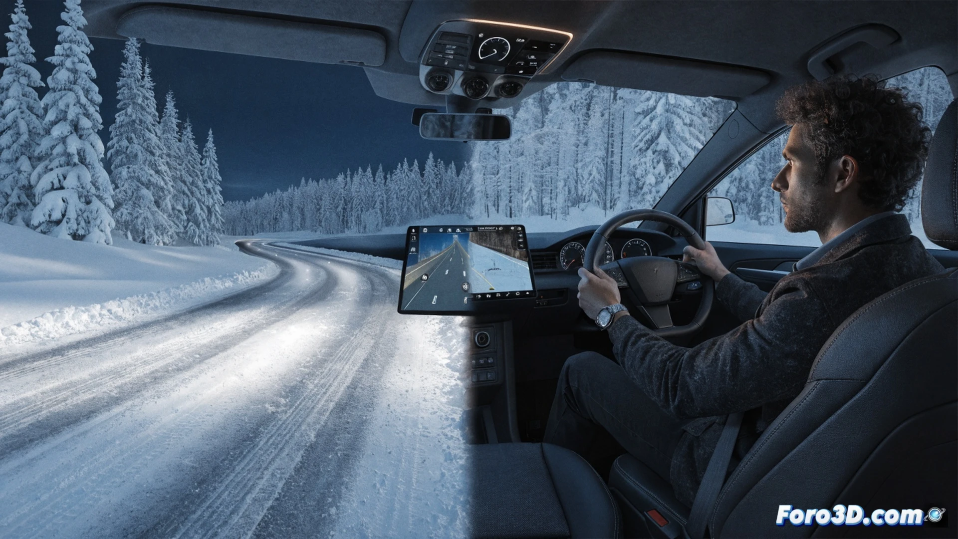 Tesla Model 3 conduciendo en carretera nevada finlandesa al atardecer, volante girando suavemente mientras conductor mantiene manos cerca pero sin tocar, pantalla táctil mostrando visualización del sistema Full Self-Driving con sensores y líneas de trayectoria, faros LED atravesando niebla ligera, árboles cubiertos de nieve al fondo, tablero digital con indicadores de asistencia activa, estilo cinematic photorealistic con iluminación azul invernal y detalles técnicos nítidos, cabina minimalista y elegante