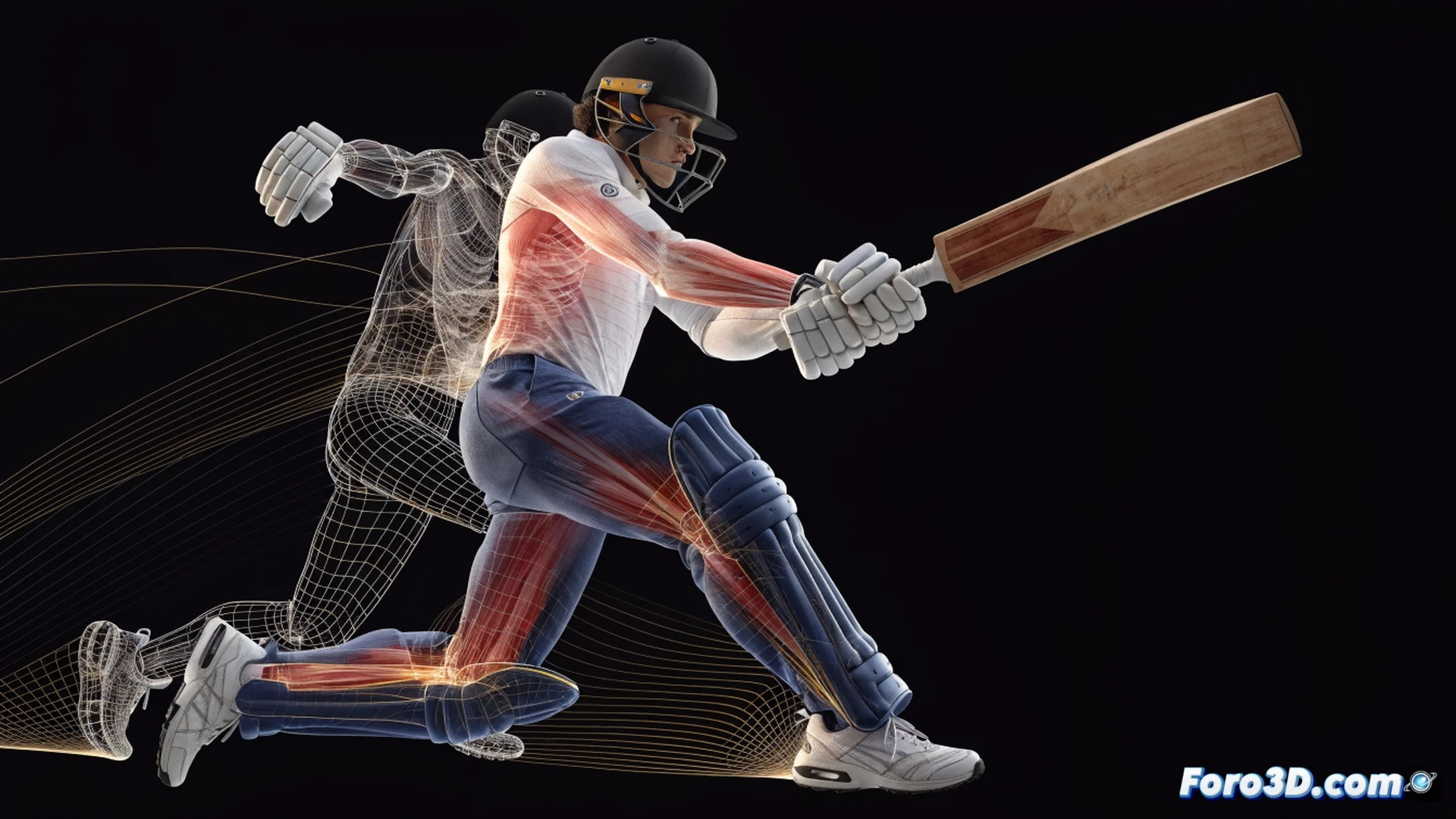 Finn Allen in explosive batting motion during a T20 cricket match, 3D biomechanical analysis overlay showing weight transfer from back to front foot, bat angle trajectory lines tracing the swing arc, high-speed reaction capture with motion blur on bat and ball, cricket pitch with stumps and bails, technical visualization with skeletal joint markers and force vectors, photorealistic render, dramatic stadium lighting, deep shadows, ultra-detailed muscle tension and equipment textures, cinematic sports science illustration