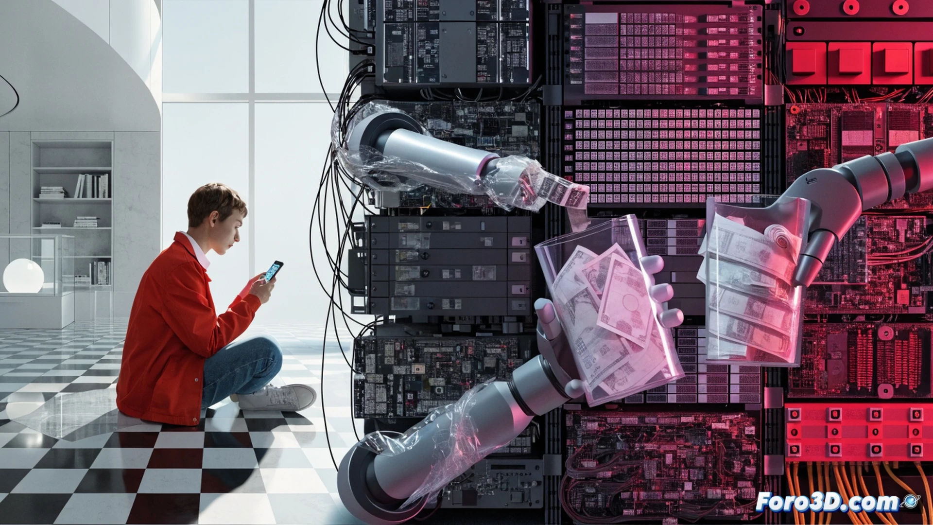 photorealistic scene showing a smartphone with a fintech app open next to a tangled mess of thick telecom cables and a broken price tag, a robotic hand cutting through the cables with glowing scissors while a digital padlock labeled with hidden fees cracks open, sparks flying from the severed wires, a transparent cloud icon floating above the phone with a fair price symbol inside, dark blue industrial background, dramatic side lighting, hyper-detailed textures on plastic and metal, cinematic technical illustration