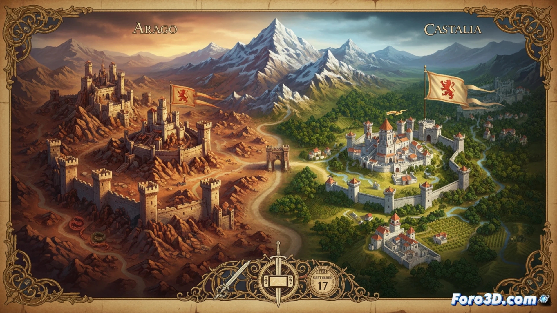 Cinematic wide shot of a medieval fantasy map table, two distinct kingdoms divided by a mountain range, left side Arago with red and gold checkered banners, right side Castalia with purple and silver castle emblems, glowing magical threads weaving between the regions, a golden needle piercing the map at the border, tactical unit miniatures arranged in formation on parchment, ancient compass and inkwell nearby, soft candlelight casting dramatic shadows, photorealistic technical illustration, high detail on heraldic symbols and map topography, epic atmospheric lighting