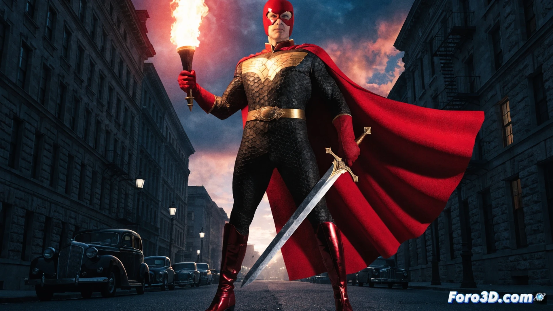 Art deco superhero in golden age comic style, muscular man in red and yellow costume holding a flaming torch and sword, leaping forward mid-action while punching a mechanical robot, vintage 1940s cityscape background with neon signs and retro cars, dynamic motion lines, dramatic shadows, glowing fire effects, ink and cel-shaded aesthetic, bold primary colors, halftone dots texture, retro comic book illustration, cinematic lighting, photorealistic vintage poster render