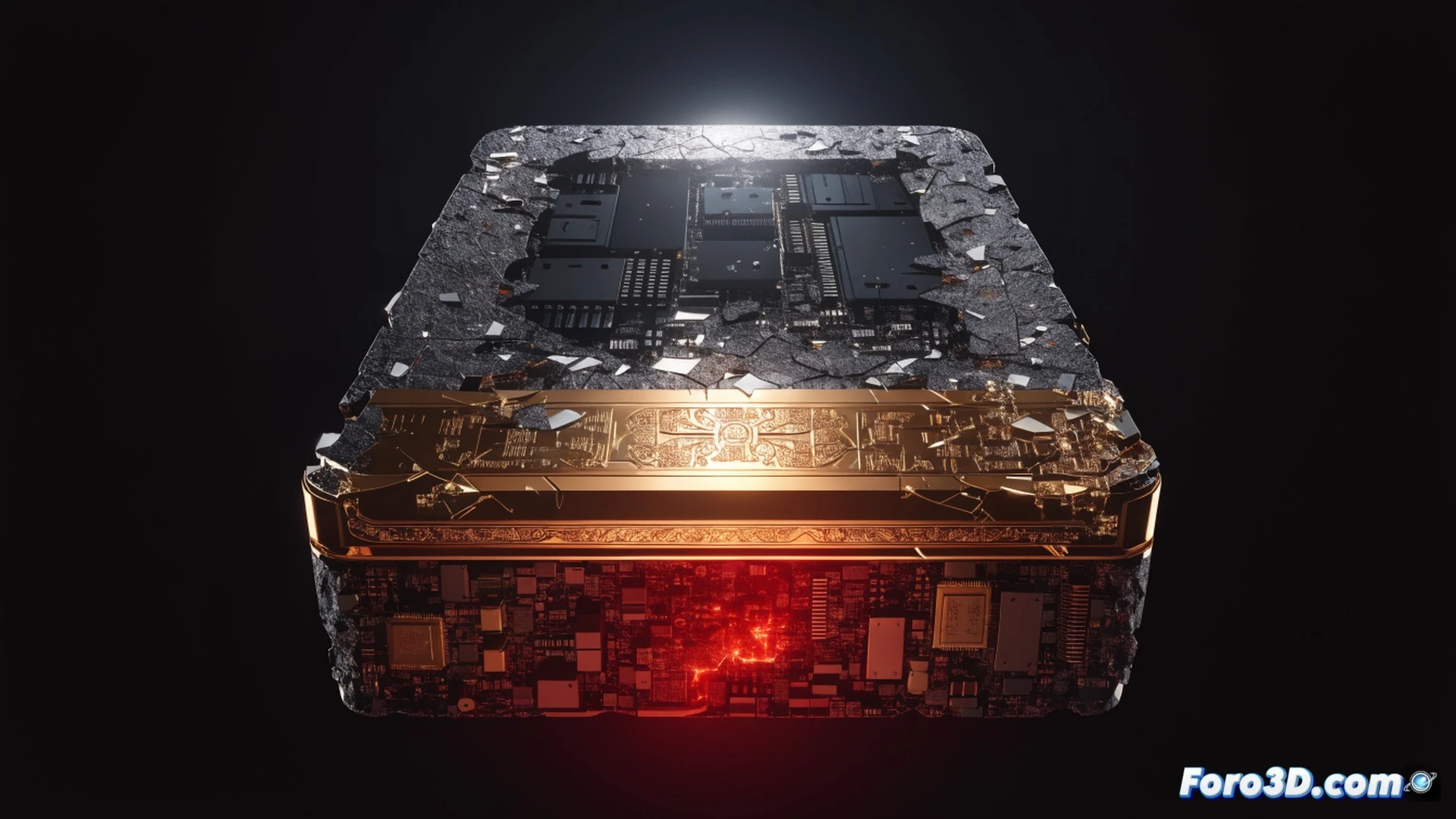 Premium smartphone mid-disassembly process on a reflective black surface, metallic tools arranged around an opened Xiaomi device, a single golden brick resting beside the phone as visual metaphor, internal circuit board exposed with microchips and flex cables highlighted by dramatic side lighting, a cracked screen showing a frozen bootloop animation, technical engineering visualization style, photorealistic render, ultra-detailed motherboard components, copper traces glowing faintly, dark industrial background with subtle gradient, cinematic shadows emphasizing the contrast between luxury design and digital death