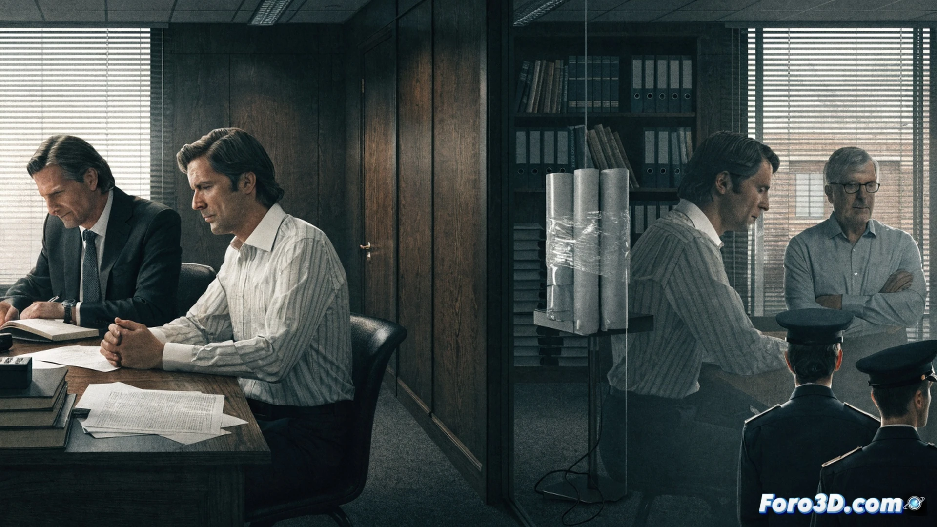 Photorealistic technical illustration, two female prosecutors in formal suits examining a suspended disciplinary file folder, their hands paused mid-action over documents, a digital tablet showing a paused investigation timeline icon, office desk with scattered legal papers and a gavel placed aside, symbolic chain links broken between the file and a blurred background image of a grounded Plus Ultra airplane, dramatic chiaroscuro lighting from a desk lamp, shadows emphasizing the halted process, ultra-detailed textures on leather folders and metal table edge, cinematic composition with depth of field