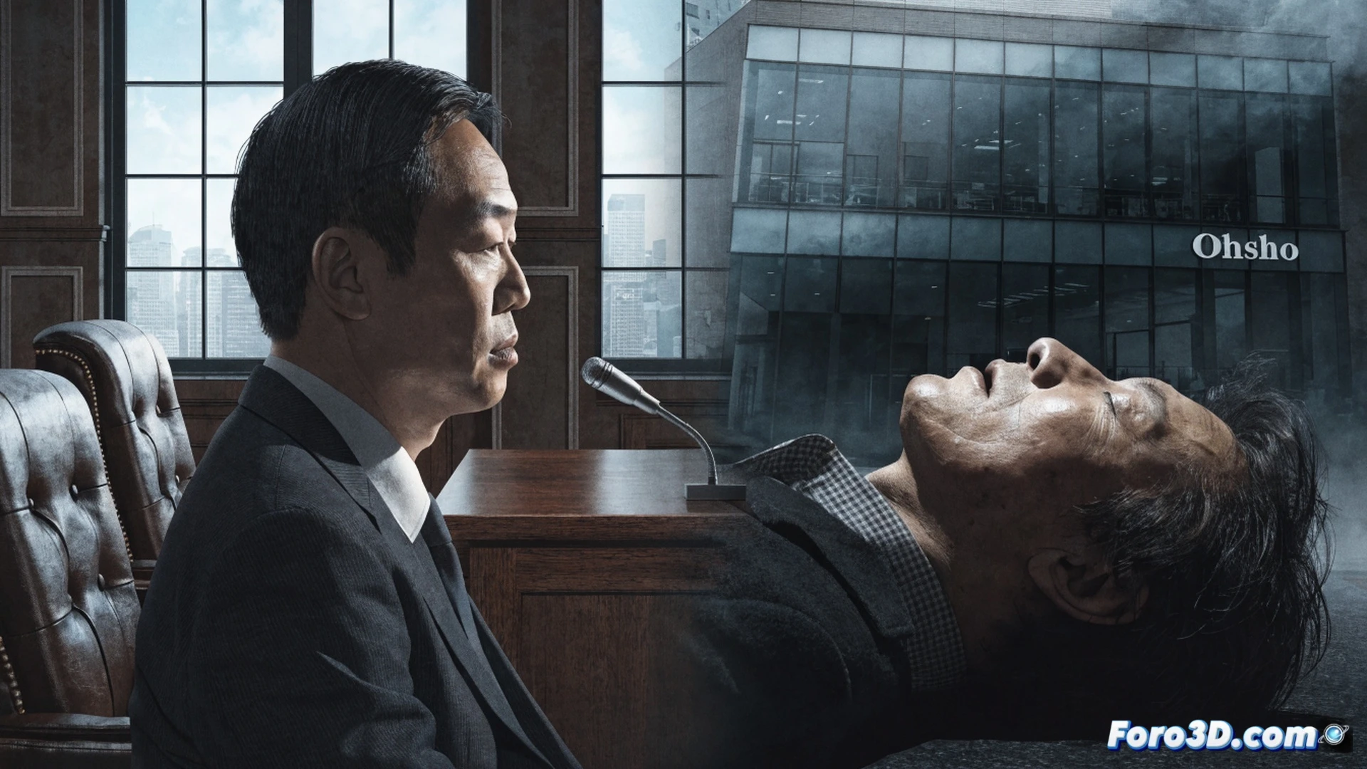 Japanese courtroom scene during final trial phase, prosecutor pointing at evidence board showing crime scene photos and timeline of 2013 Kyoto shooting, judge in black robes listening intently, defendant Yukio Tanaka seated in wooden dock with security guards nearby, forensic documents and case files stacked on tables, dramatic cinematic lighting from high windows casting long shadows, photorealistic legal procedural visualization, serious atmosphere, detailed courtroom architecture with traditional Japanese design elements, polished wood surfaces reflecting ambient light