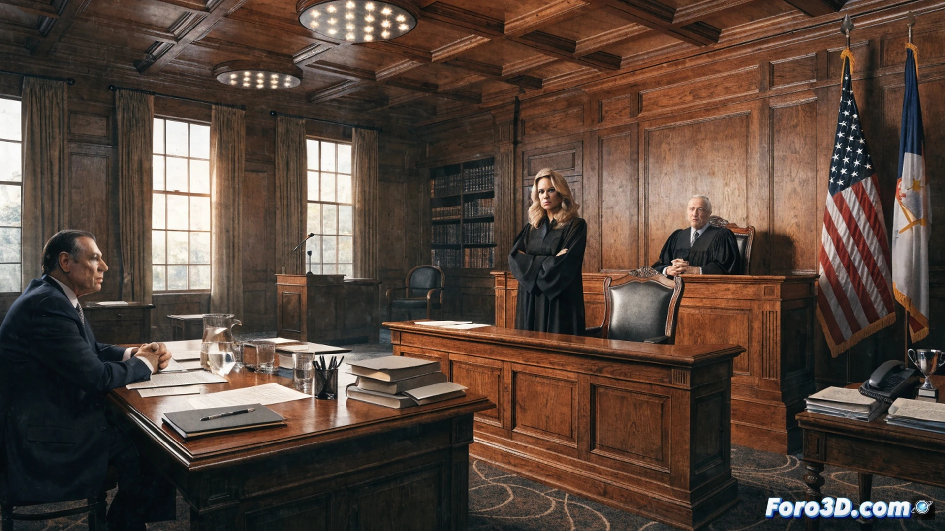 courtroom evidence board with legal documents being removed and case files marked as dismissed, prosecutor's hand pulling official seals from stacked folders, empty witness stand in soft focus background, gavel resting on desk with closed case label, cinematic photorealistic style, dramatic shadows from venetian blinds, worn wooden textures, muted institutional colors, symbolic weight of justice system failure, ultra-detailed legal props and paperwork, melancholic atmosphere with cold overhead lighting
