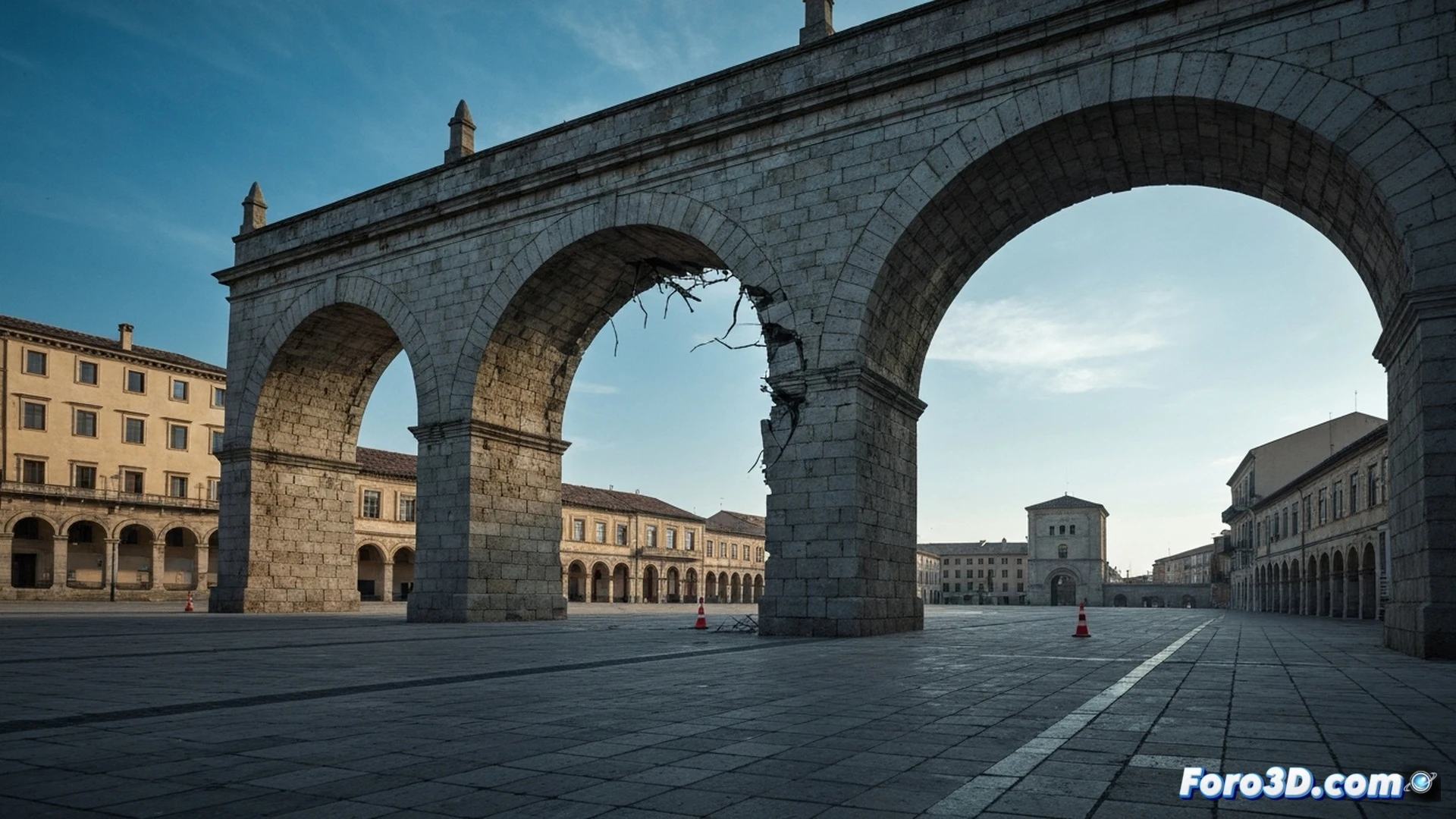 Engineering visualization of a historic stone arch bridge with a visible crack at the keystone, masonry blocks showing slight displacement, orange safety cones and yellow warning tape cordoning off the area below, a laser scanning tripod positioned on the cobblestone street projecting a grid of measurement beams onto the crack surface, a drone hovering near the arch capturing high-resolution images, a structural engineer in a hard hat and high-vis vest operating a tablet displaying real-time strain analysis data, dramatic late afternoon sunlight casting long shadows across the weathered stone, photorealistic technical illustration, ultra-detailed textures of cracked mortar and chiseled granite, cinematic depth of field emphasizing the fracture zone while showing the surrounding urban heritage context